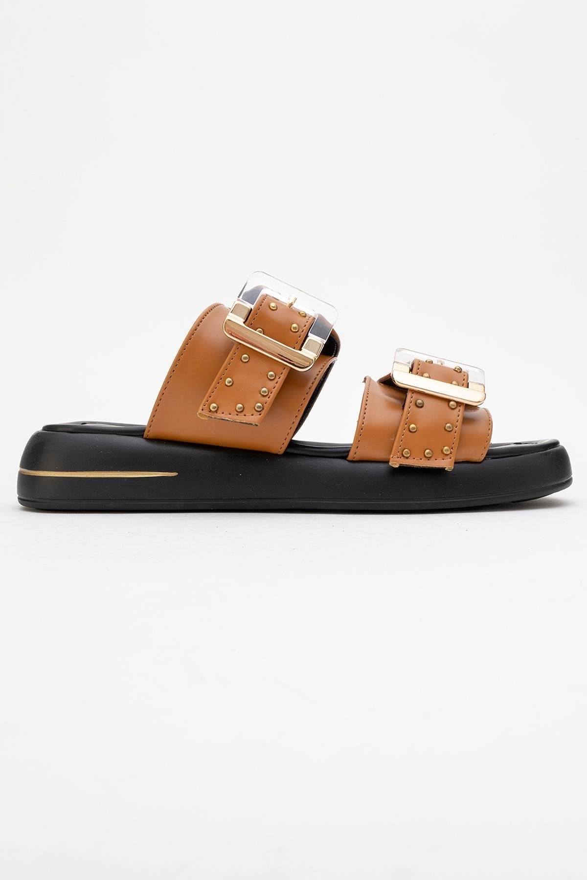 Zley Cognac Buckle Sandal – top view showing leather, red, Vowalisse