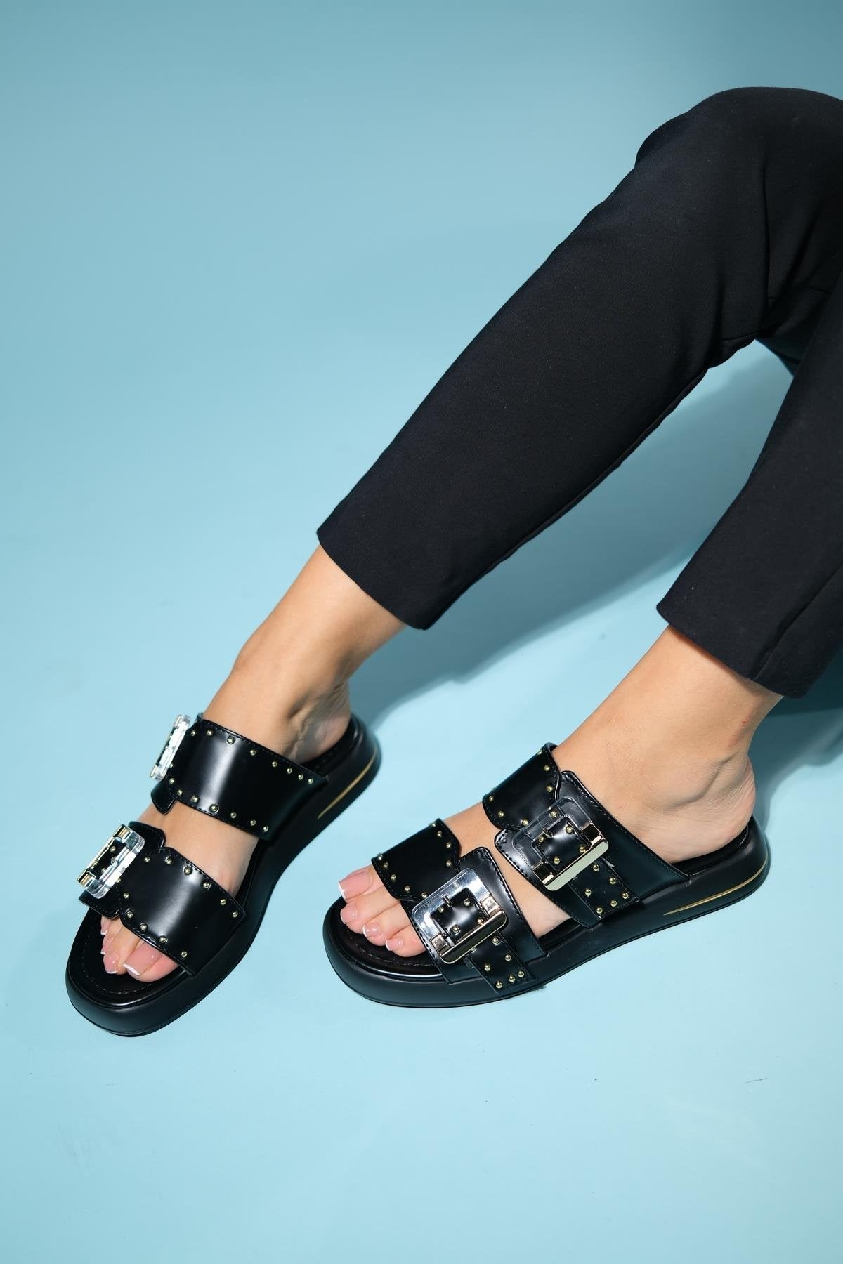 Zley Black Buckle Sandal – back view showing leather, black, red, Vowalisse