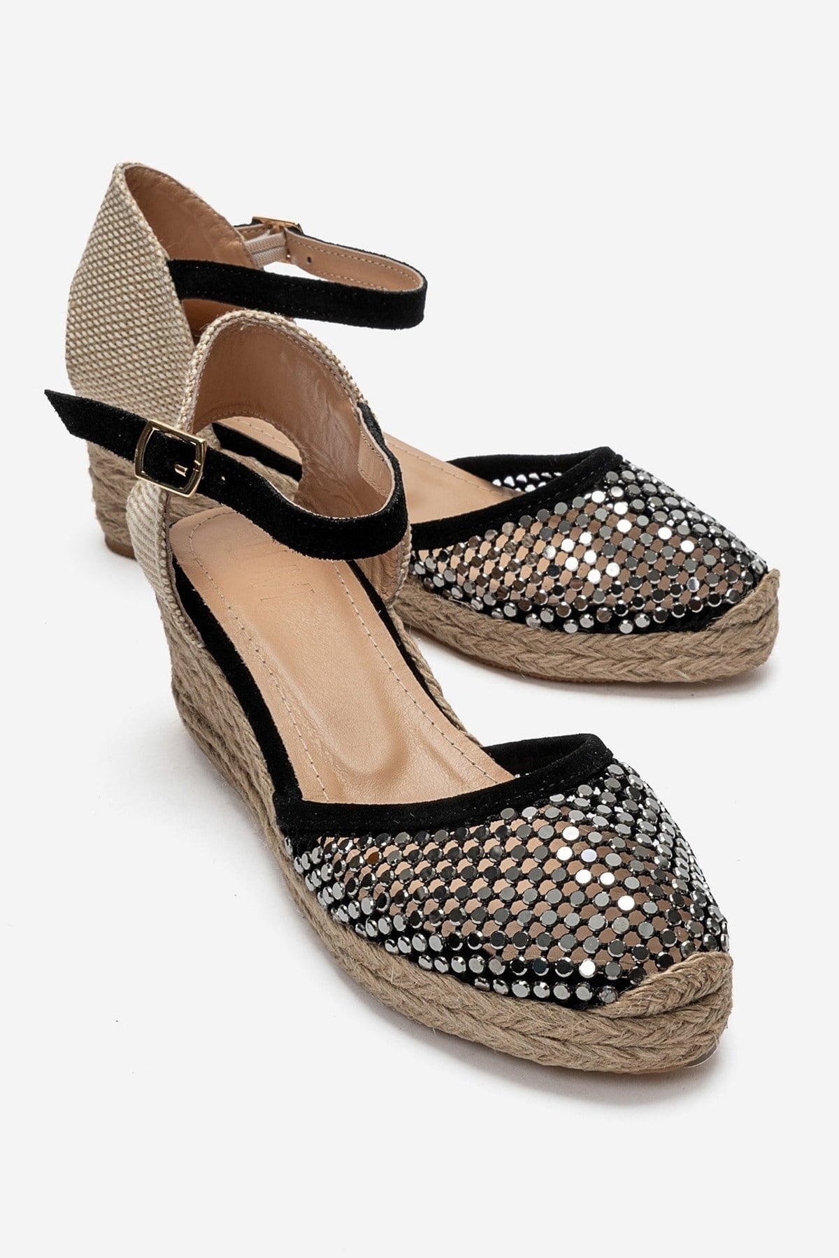 DRELIX - Black Genuine Leather Wedge Heel Espadrille Sandal – front three-quarter view showing leather, suede, black…