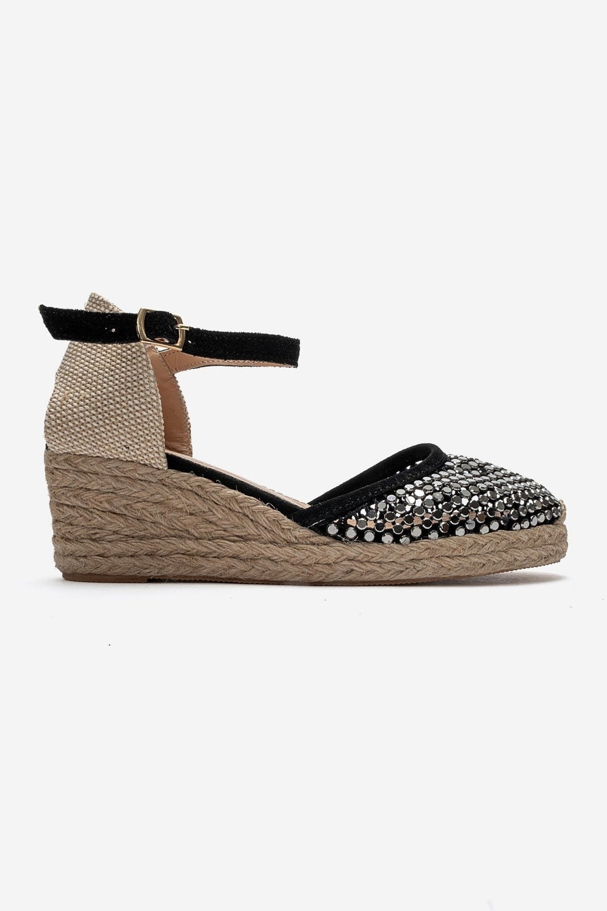DRELIX - Black Genuine Leather Wedge Heel Espadrille Sandal – heel view showing leather, suede, black, Vowalisse