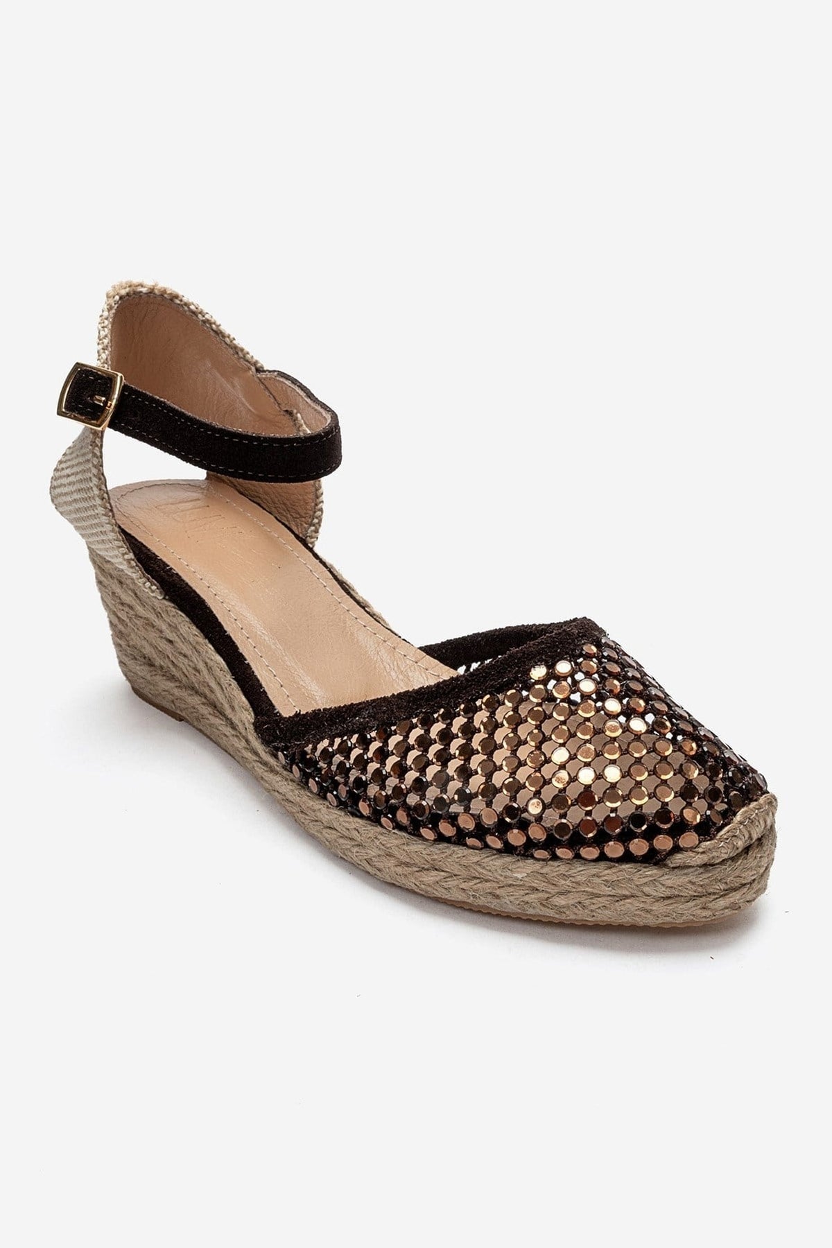DRELIX - Cognac Genuine Leather Wedge Heel Espadrille Sandal – detail view showing leather, suede, Vowalisse