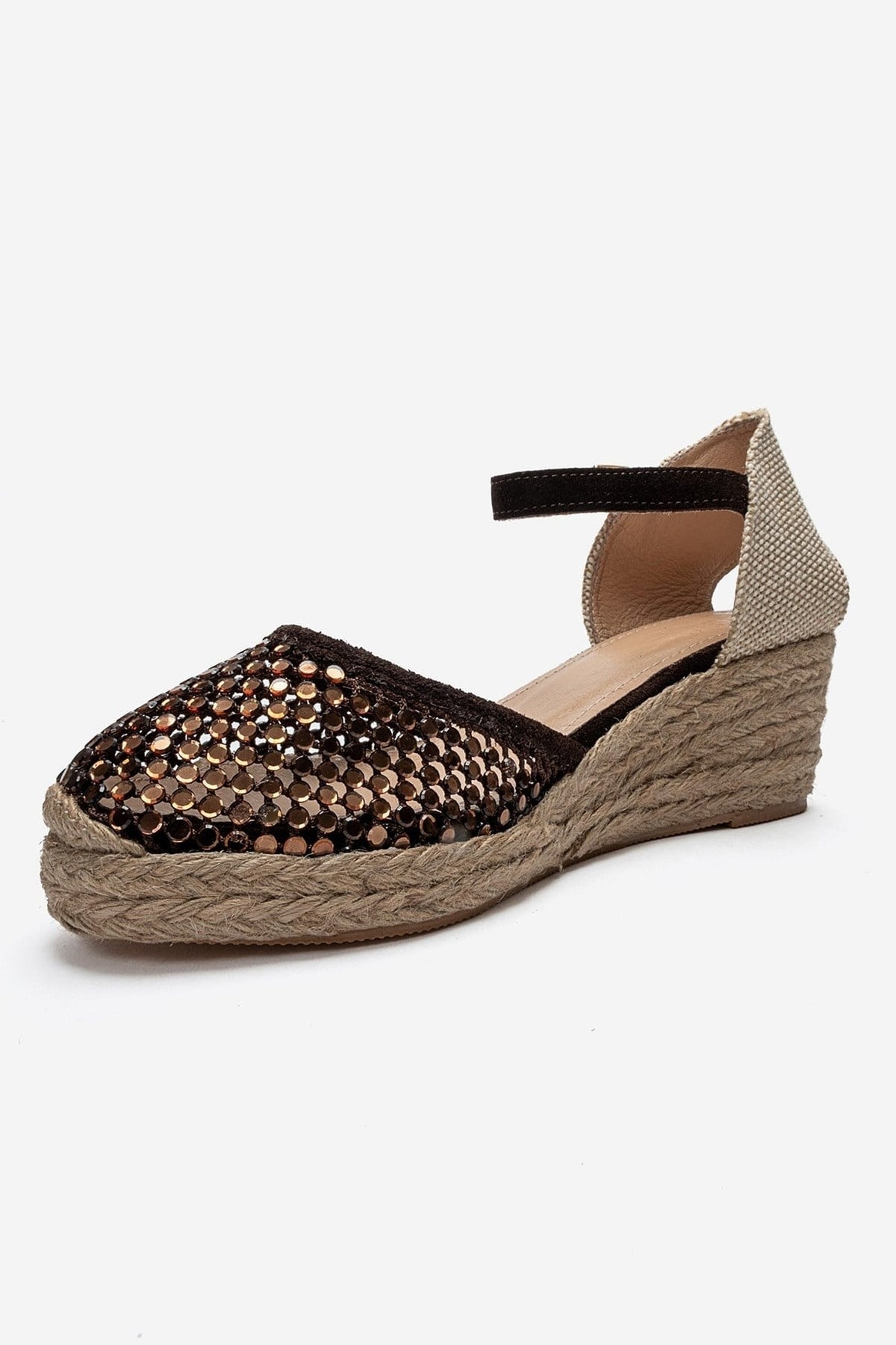 DRELIX - Cognac Genuine Leather Wedge Heel Espadrille Sandal – top view showing leather, suede, Vowalisse