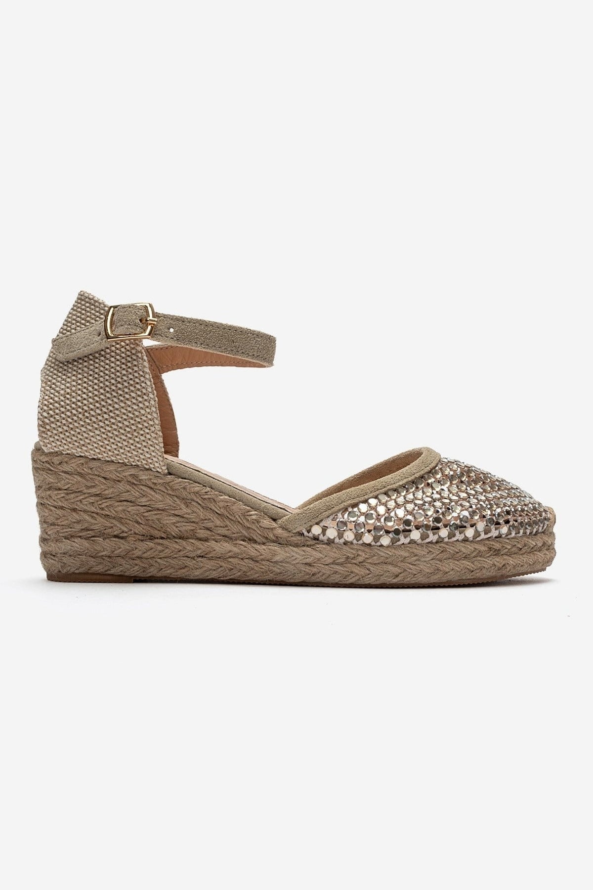DRELIX - Beige Genuine Leather Wedge Heel Espadrille Sandal – detail view showing leather, suede, Vowalisse