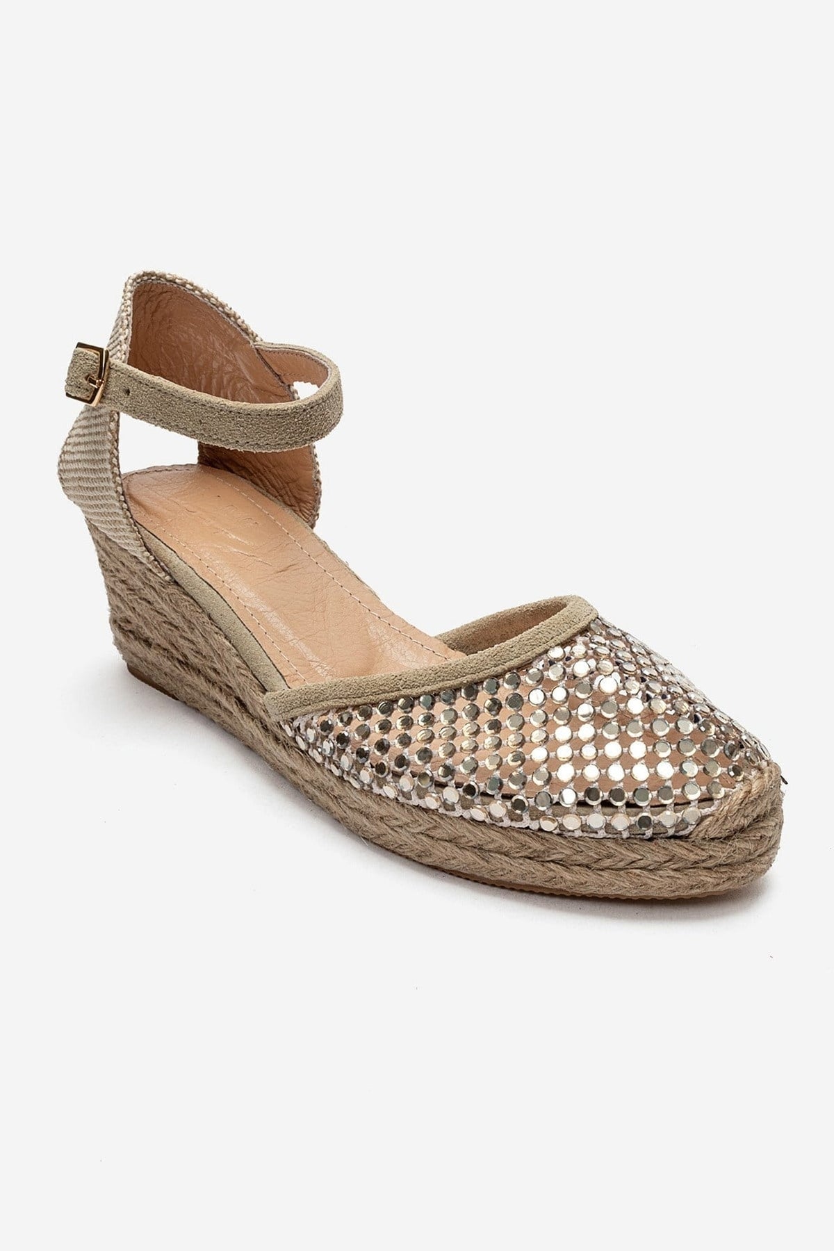 DRELIX - Beige Genuine Leather Wedge Heel Espadrille Sandal – top view showing leather, suede, Vowalisse