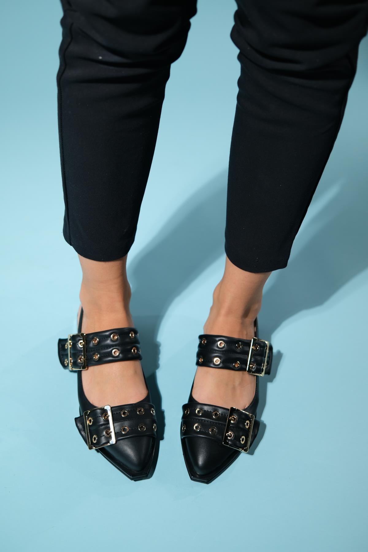 Paloma - Black Gold Buckle Sandal – detail view showing leather, black, gold, Vowalisse