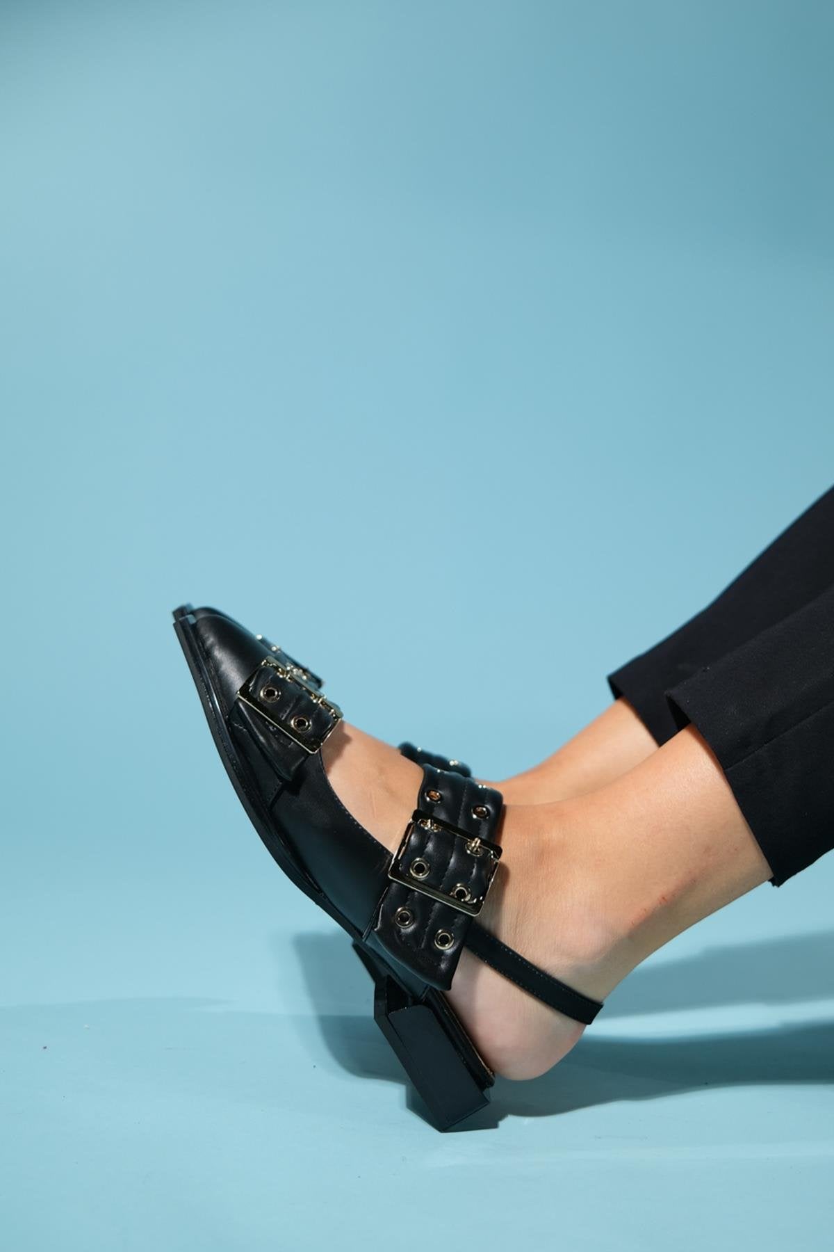 Paloma - Black Gold Buckle Sandal – back view showing leather, black, gold, Vowalisse