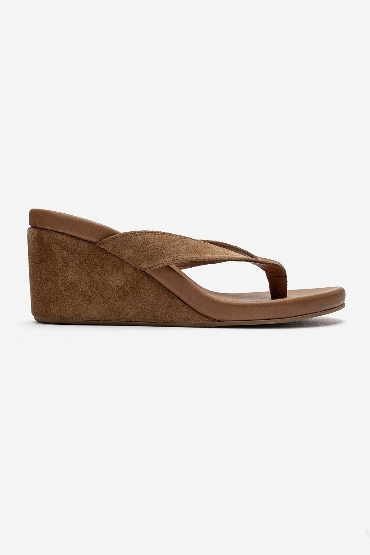 PRYON - Taupe Genuine Leather Thong Wedge Sandal – heel view showing leather, suede, Vowalisse