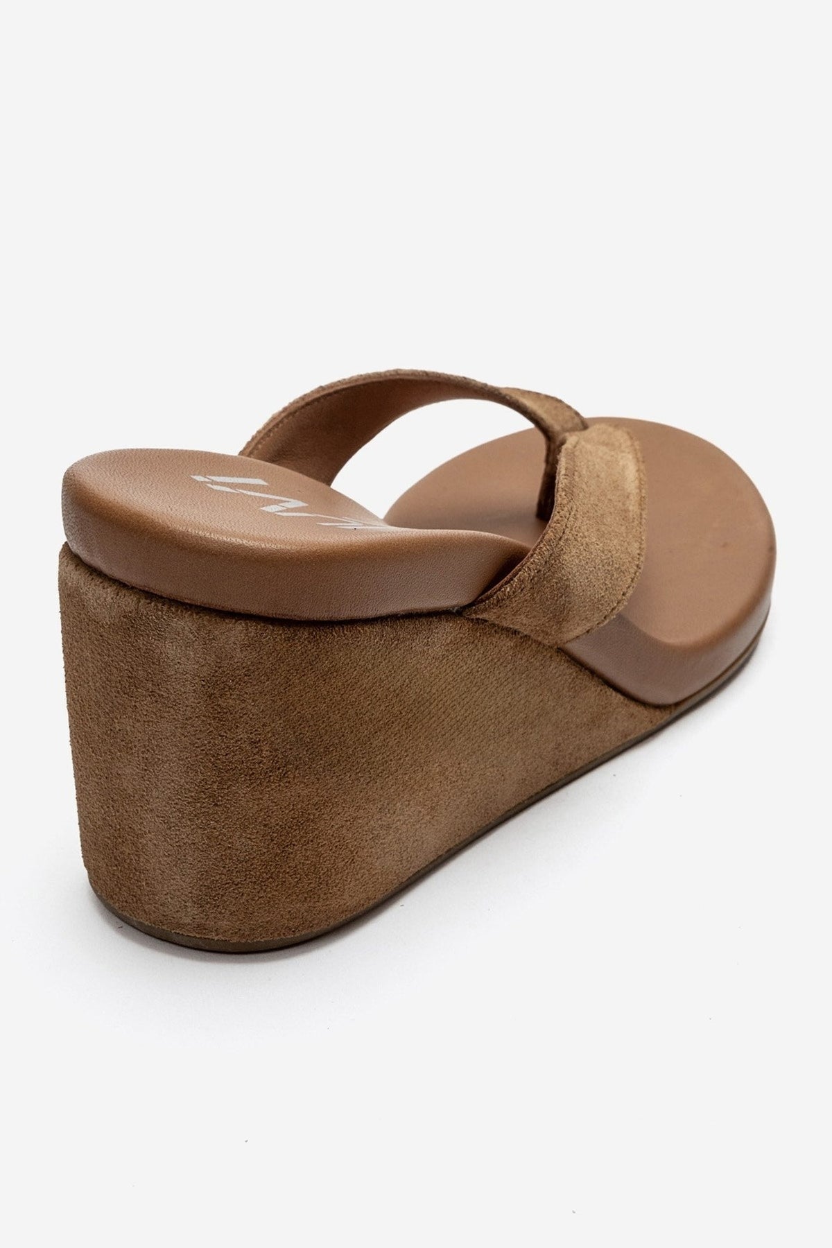 PRYON - Taupe Genuine Leather Thong Wedge Sandal – back view showing leather, suede, Vowalisse