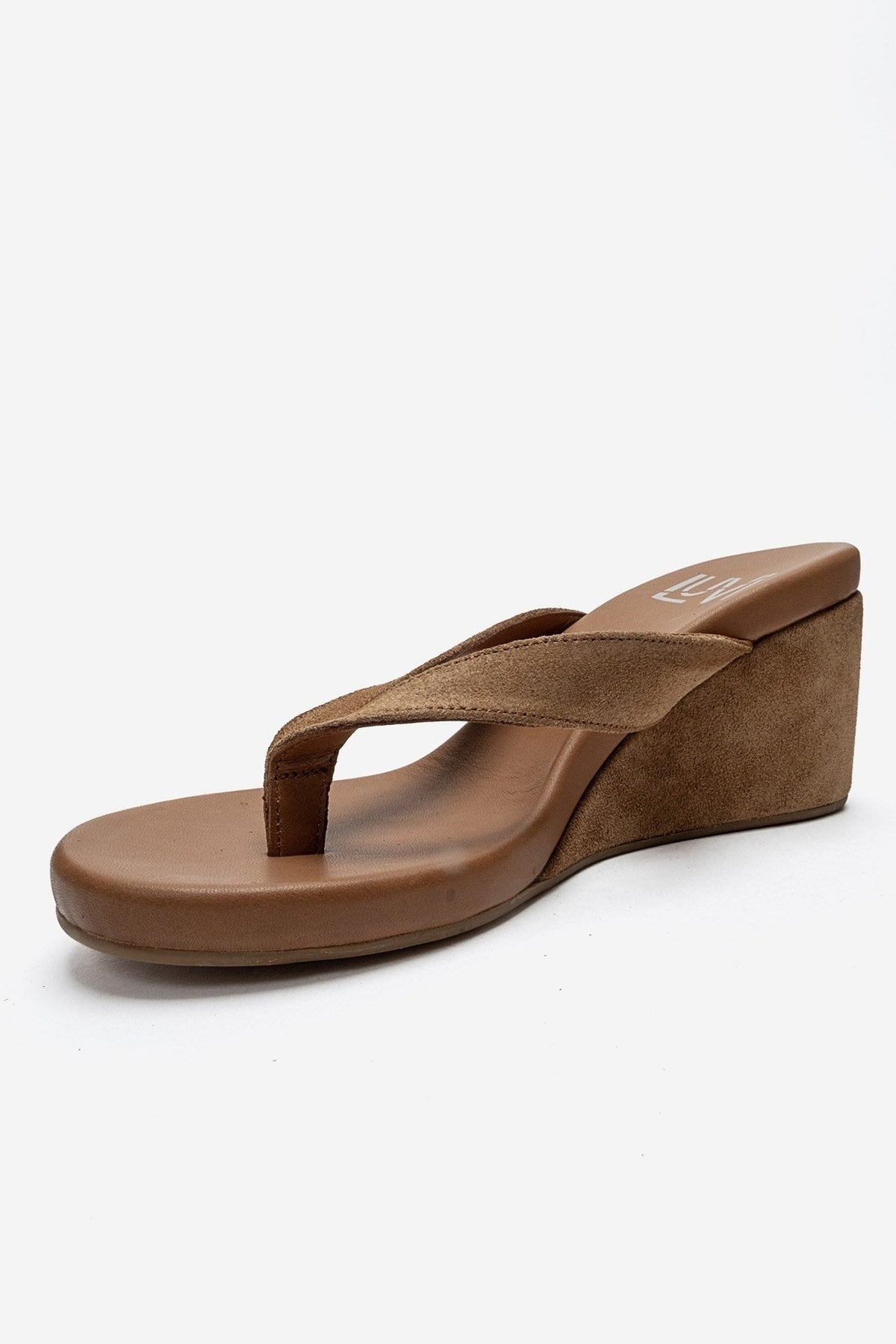 PRYON - Taupe Genuine Leather Thong Wedge Sandal – top view showing leather, suede, Vowalisse