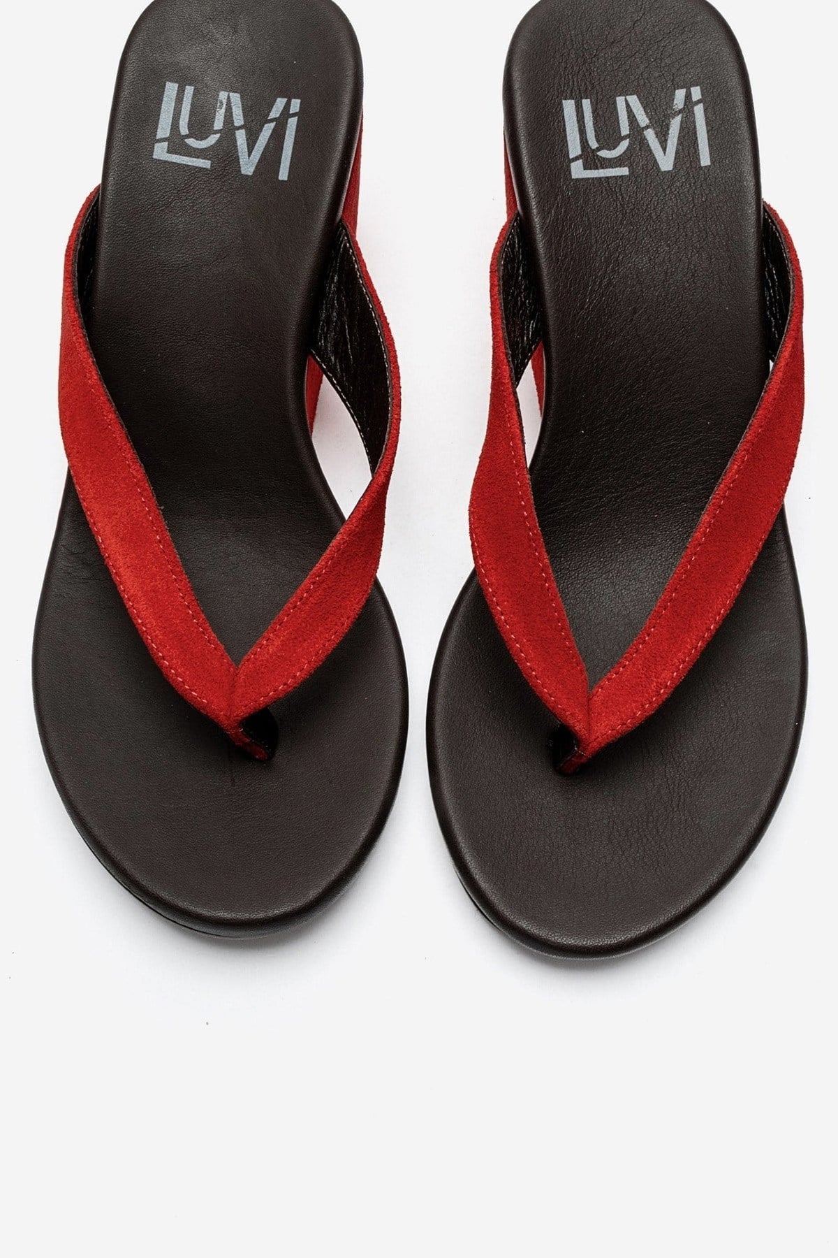 PRYON - Red Genuine Leather Thong Wedge Sandal – side view showing leather, suede, red, Vowalisse