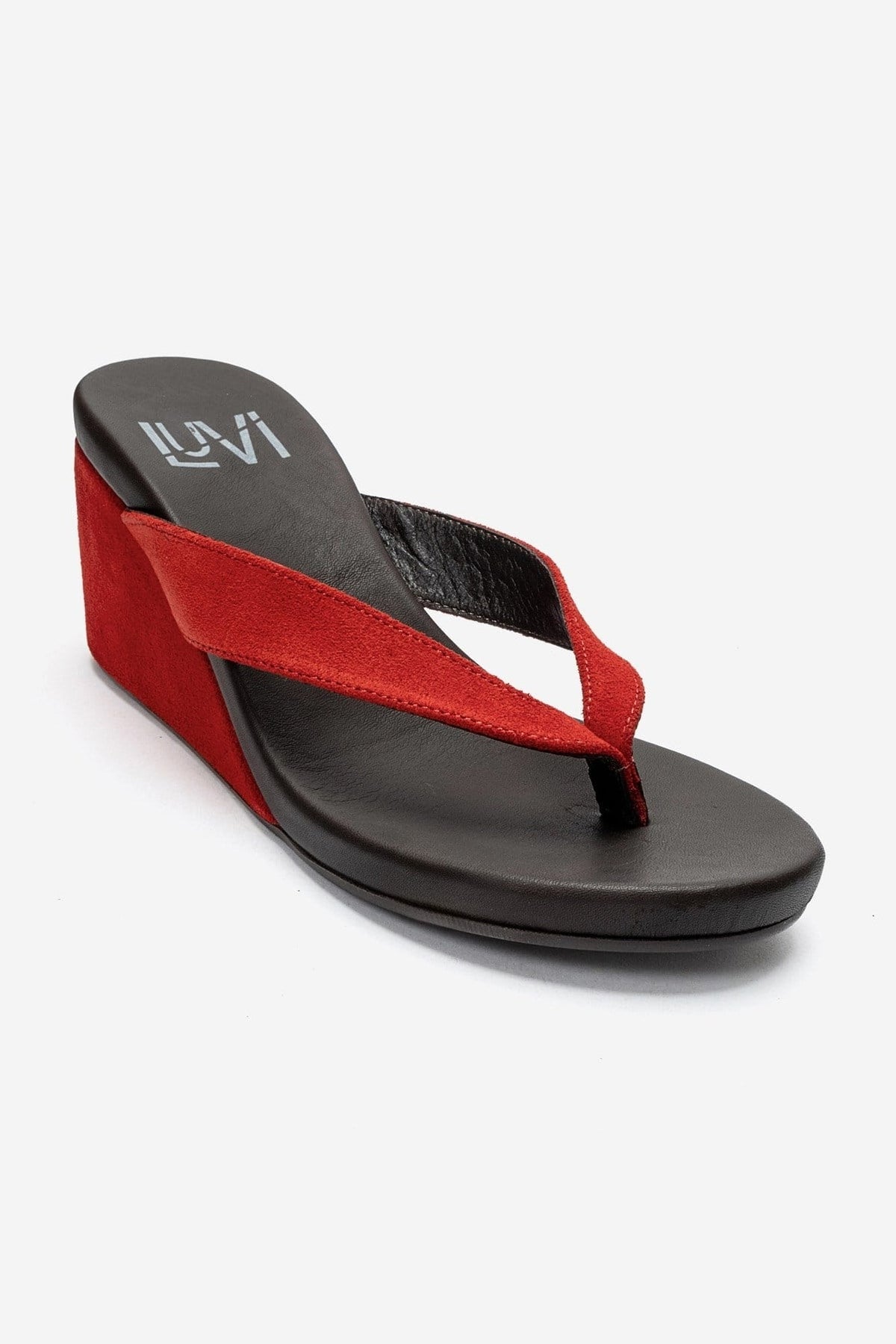PRYON - Red Genuine Leather Thong Wedge Sandal – detail view showing leather, suede, red, Vowalisse