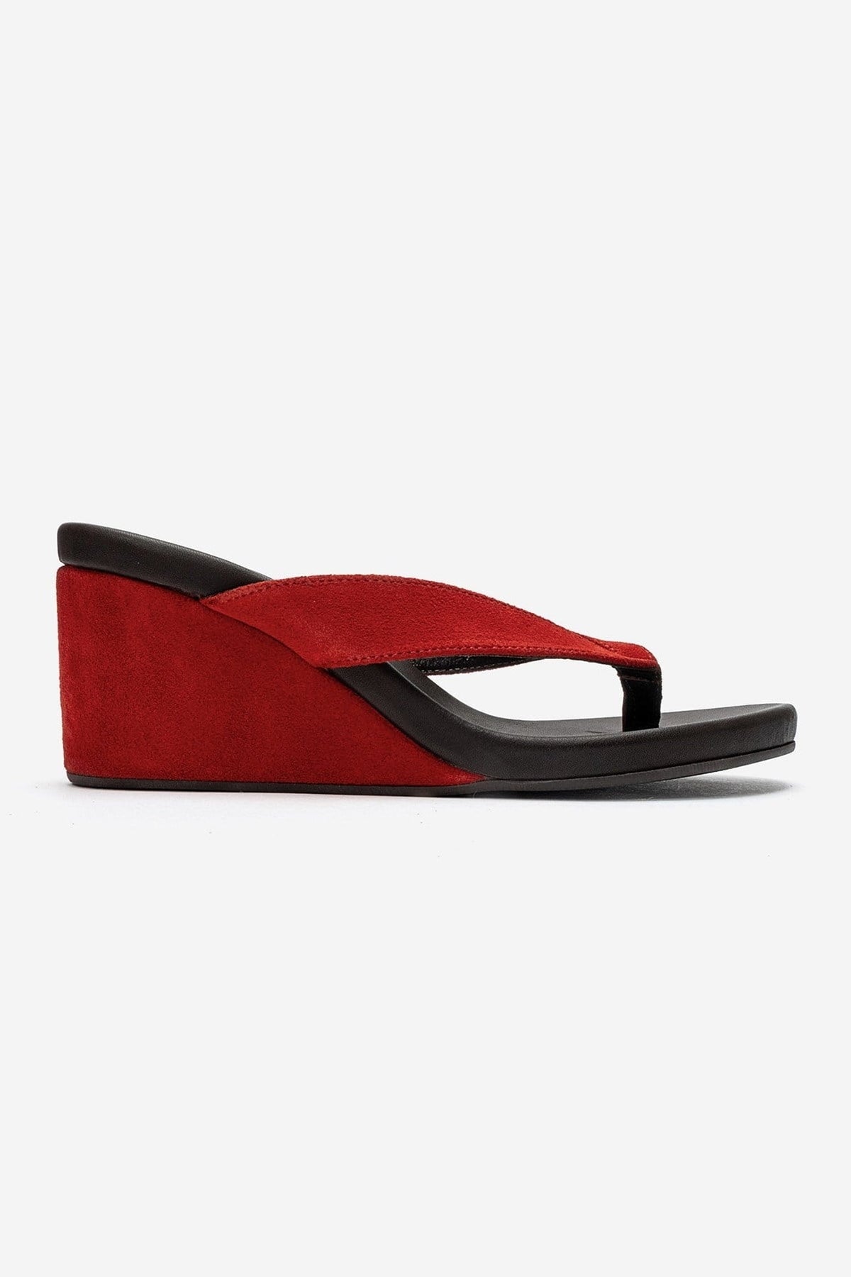 PRYON - Red Genuine Leather Thong Wedge Sandal – heel view showing leather, suede, red, Vowalisse