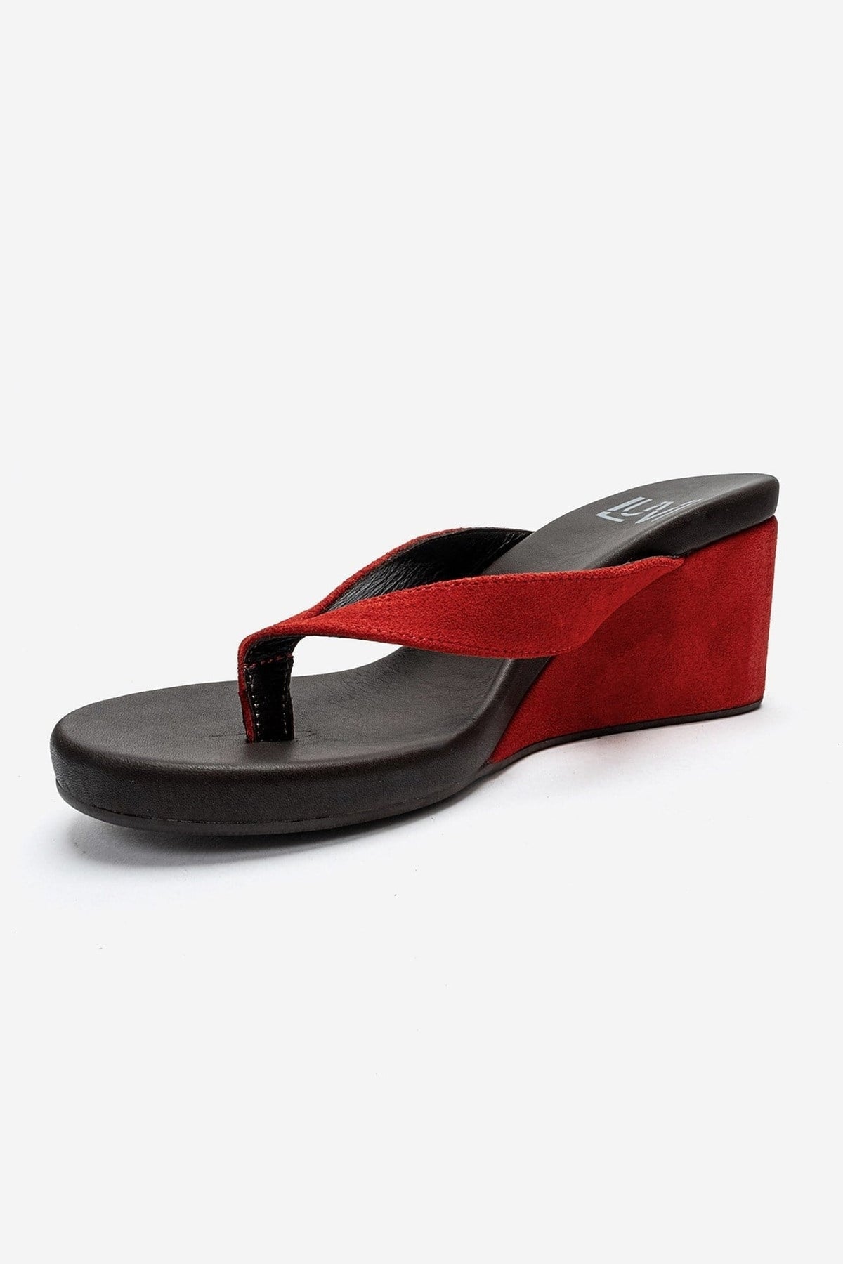 PRYON - Red Genuine Leather Thong Wedge Sandal – top view showing leather, suede, red, Vowalisse