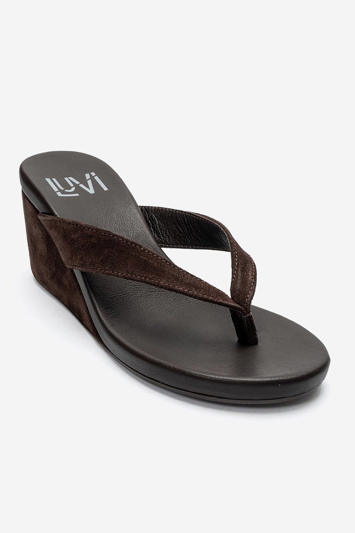 PRYON - Cognac Genuine Leather Thong Wedge Sandal – detail view showing leather, suede, Vowalisse