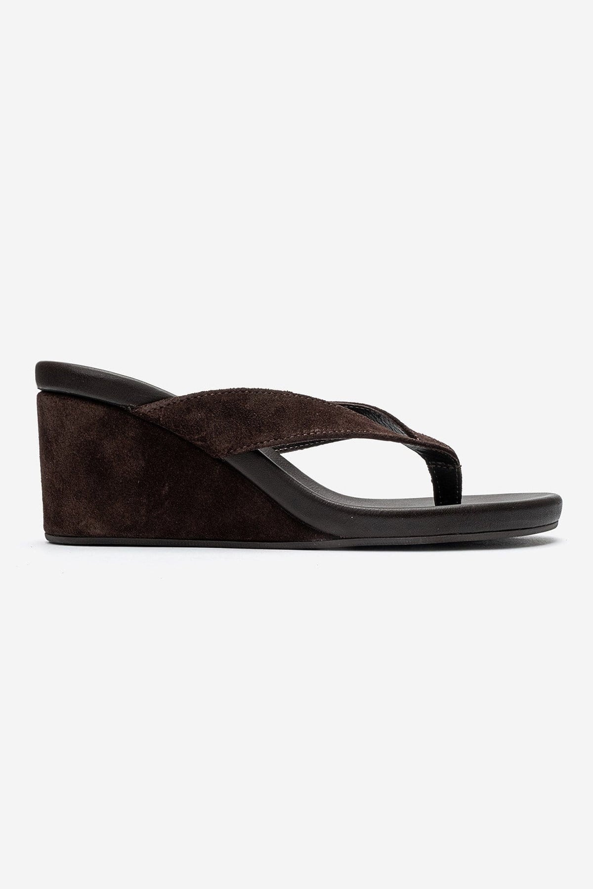 PRYON - Cognac Genuine Leather Thong Wedge Sandal – heel view showing leather, suede, Vowalisse