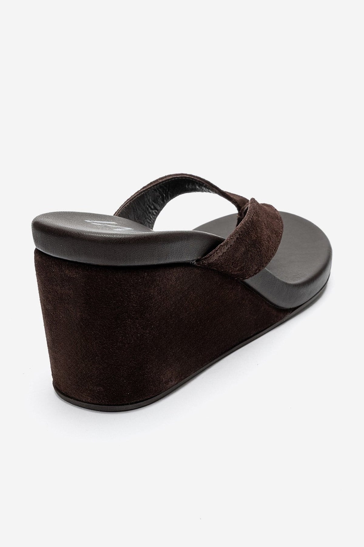 PRYON - Cognac Genuine Leather Thong Wedge Sandal – back view showing leather, suede, Vowalisse