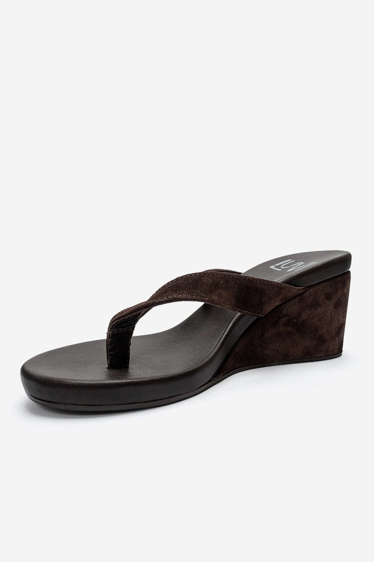 PRYON - Cognac Genuine Leather Thong Wedge Sandal – top view showing leather, suede, Vowalisse