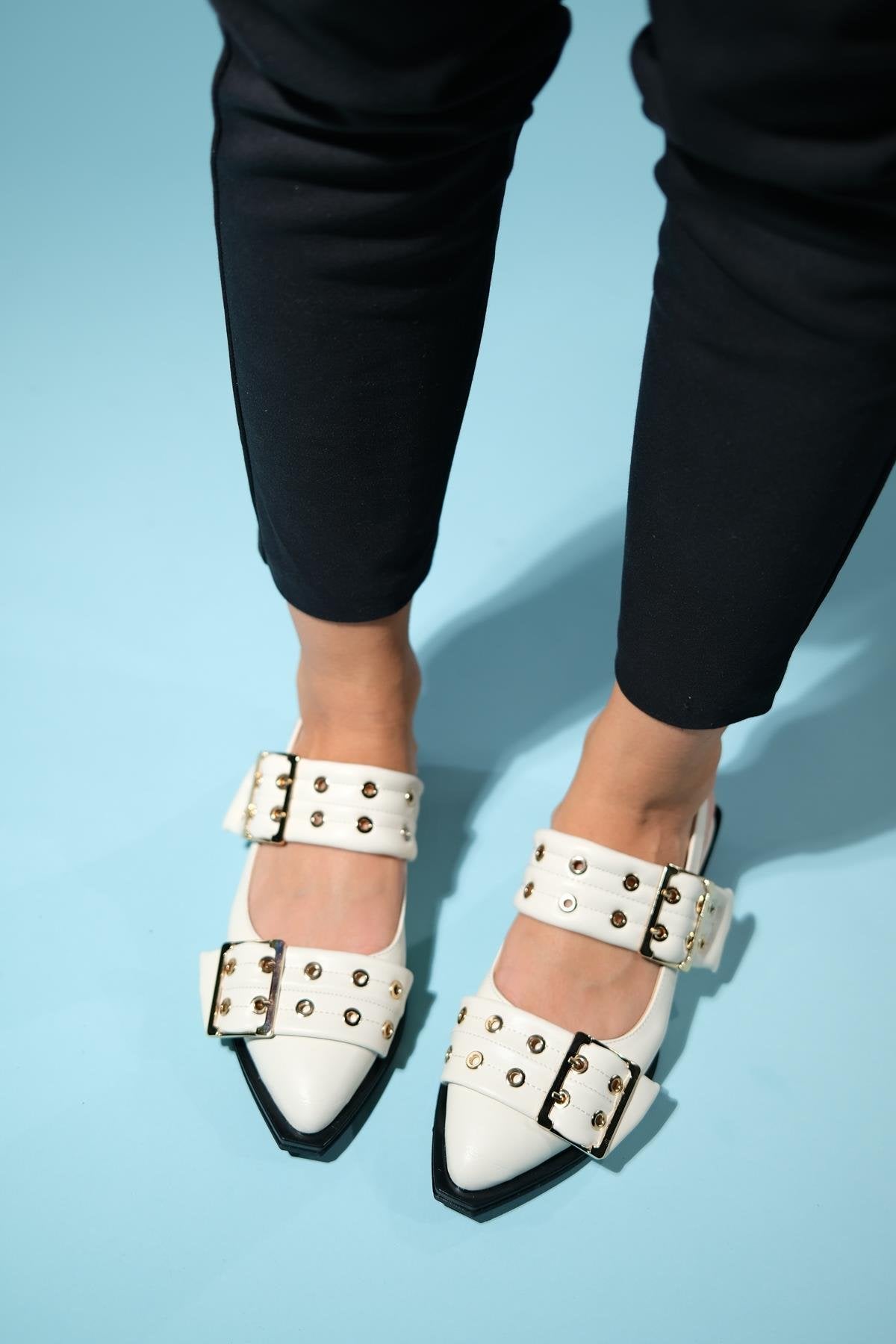 Paloma - Off-White Gold Buckle Sandal – back view showing leather, white, gold, Vowalisse