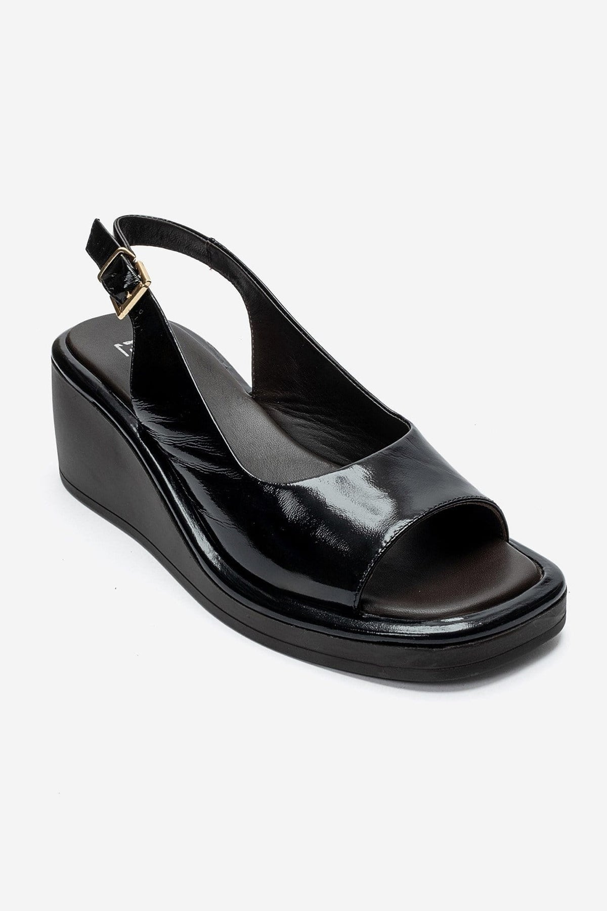 ORLENA - Black Genuine Leather Slingback Wedge Sandal – detail view showing leather, black, Vowalisse