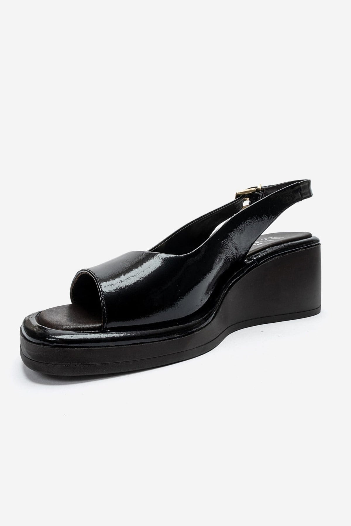 ORLENA - Black Genuine Leather Slingback Wedge Sandal – top view showing leather, black, Vowalisse
