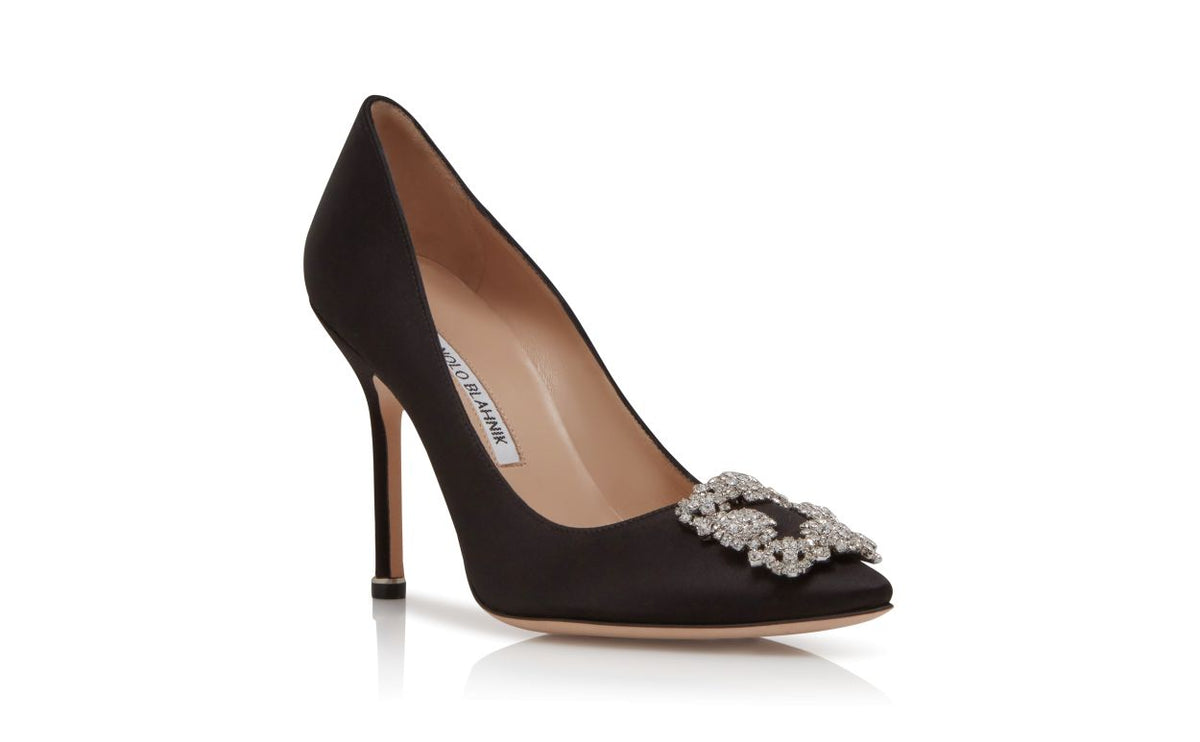 Leonora Dream Black Jewel Buckle Pumps – top view showing black jewel buckle, crystal buckle, almond toe, satin, Vowalisse