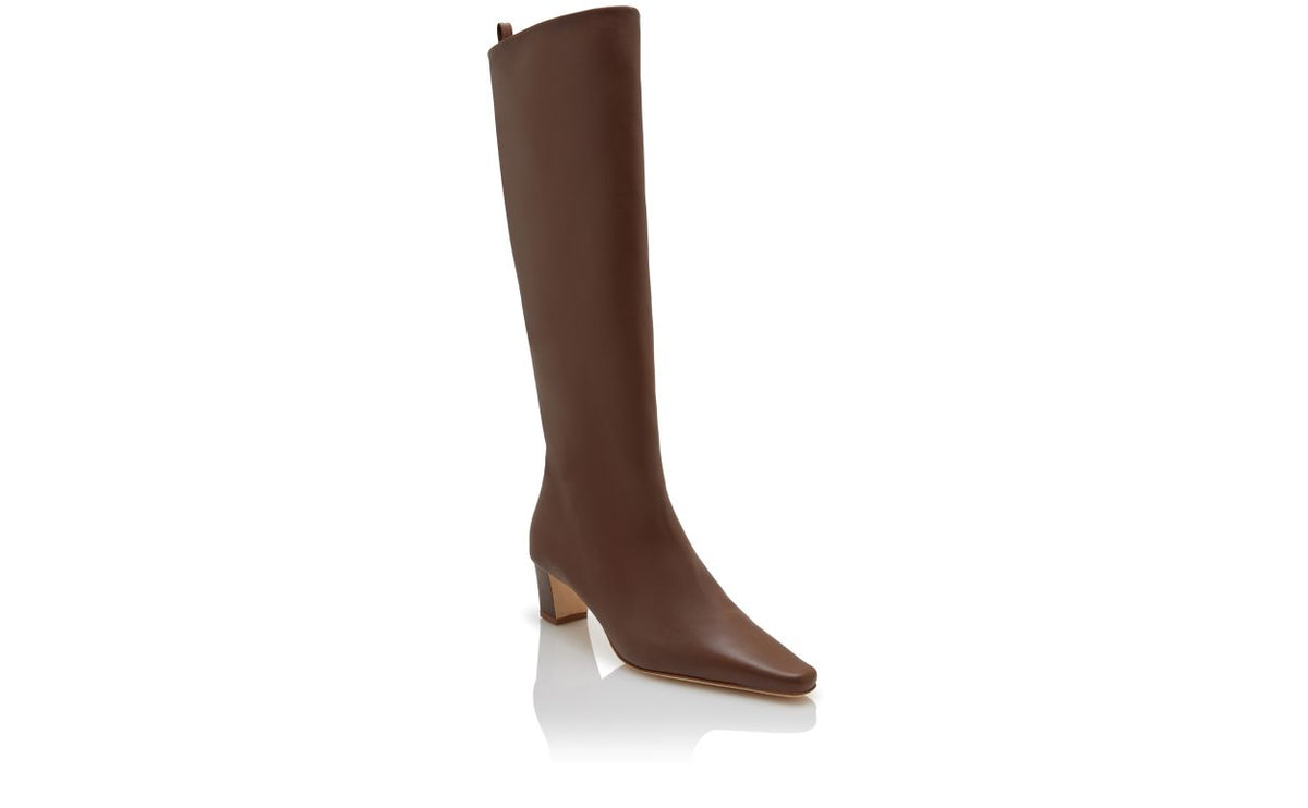Seraphina Velvet Brown Almond Toe Knee-High Boots – top view showing brown almond toe, Vowalisse