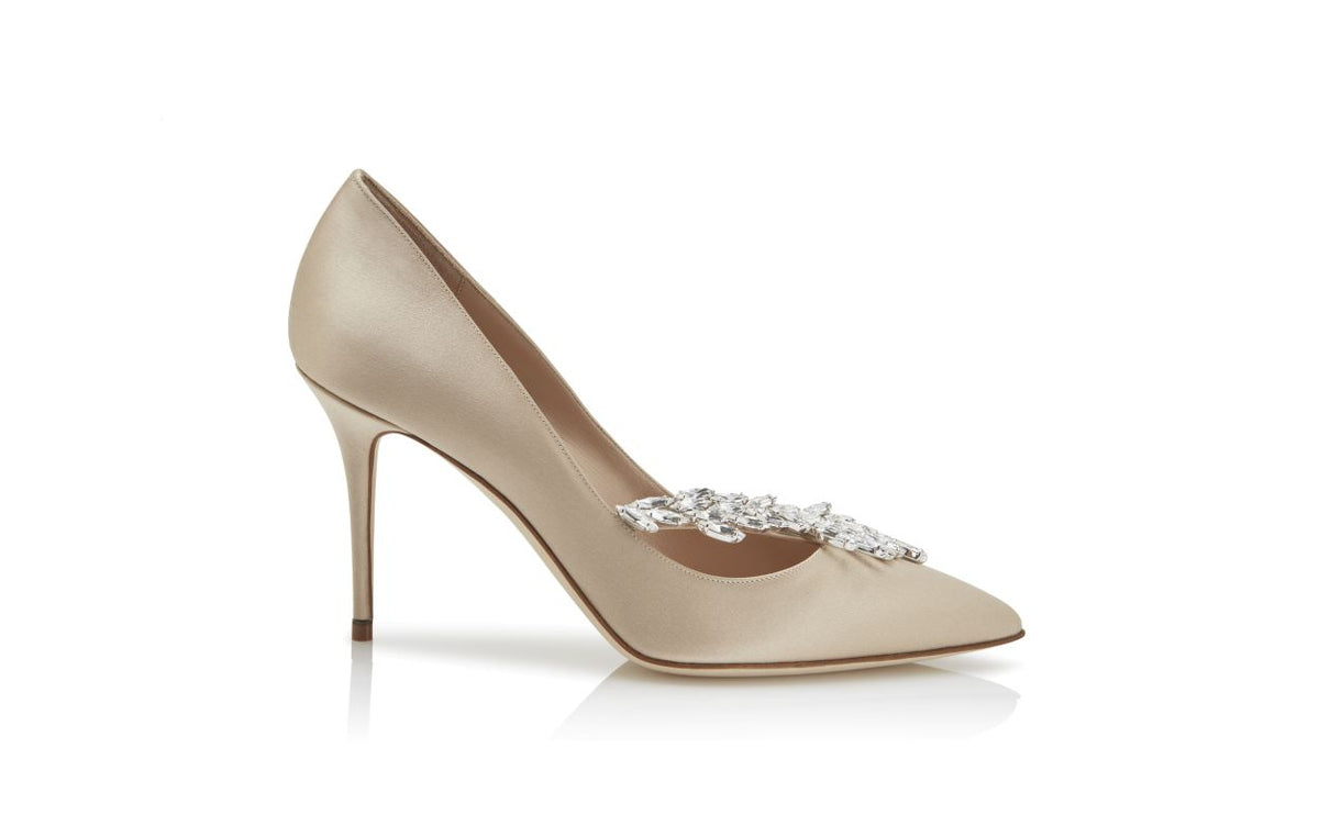 Noelle Bloom Neutral Jewel Buckle Pumps – side profile showing neutral jewel buckle, pointed toe, satin, Vowalisse