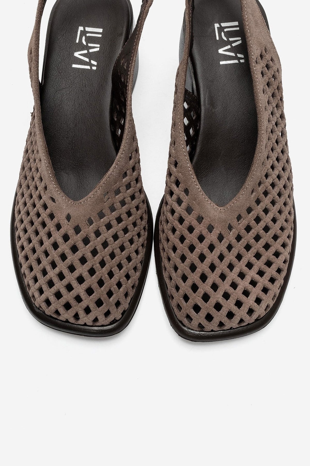 MONVERA - Taupe Genuine Suede Leather Closed-Toe Laser-Cut Block Heel – side view showing leather, suede, Vowalisse