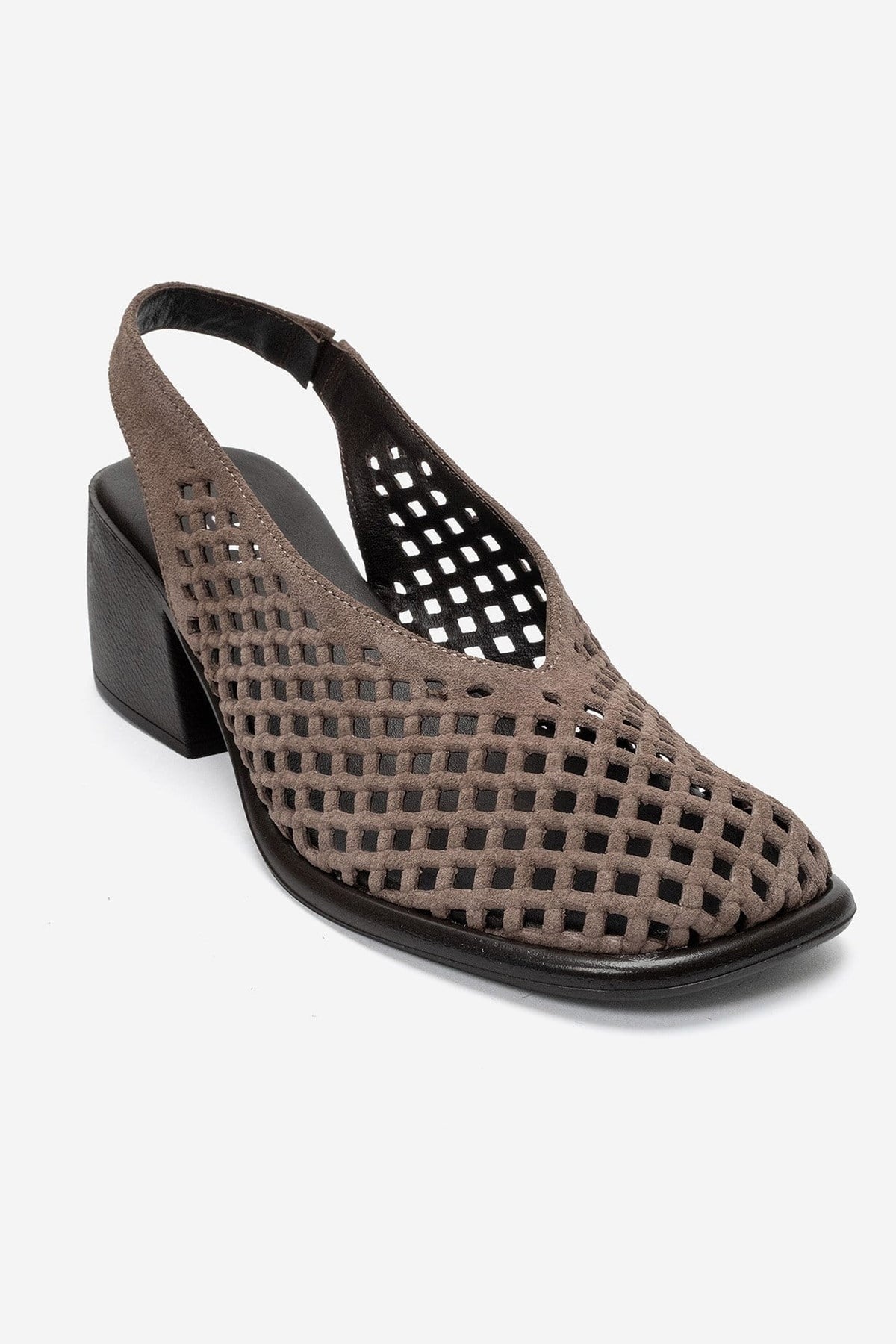 MONVERA - Taupe Genuine Suede Leather Closed-Toe Laser-Cut Block Heel – detail view showing leather, suede, Vowalisse