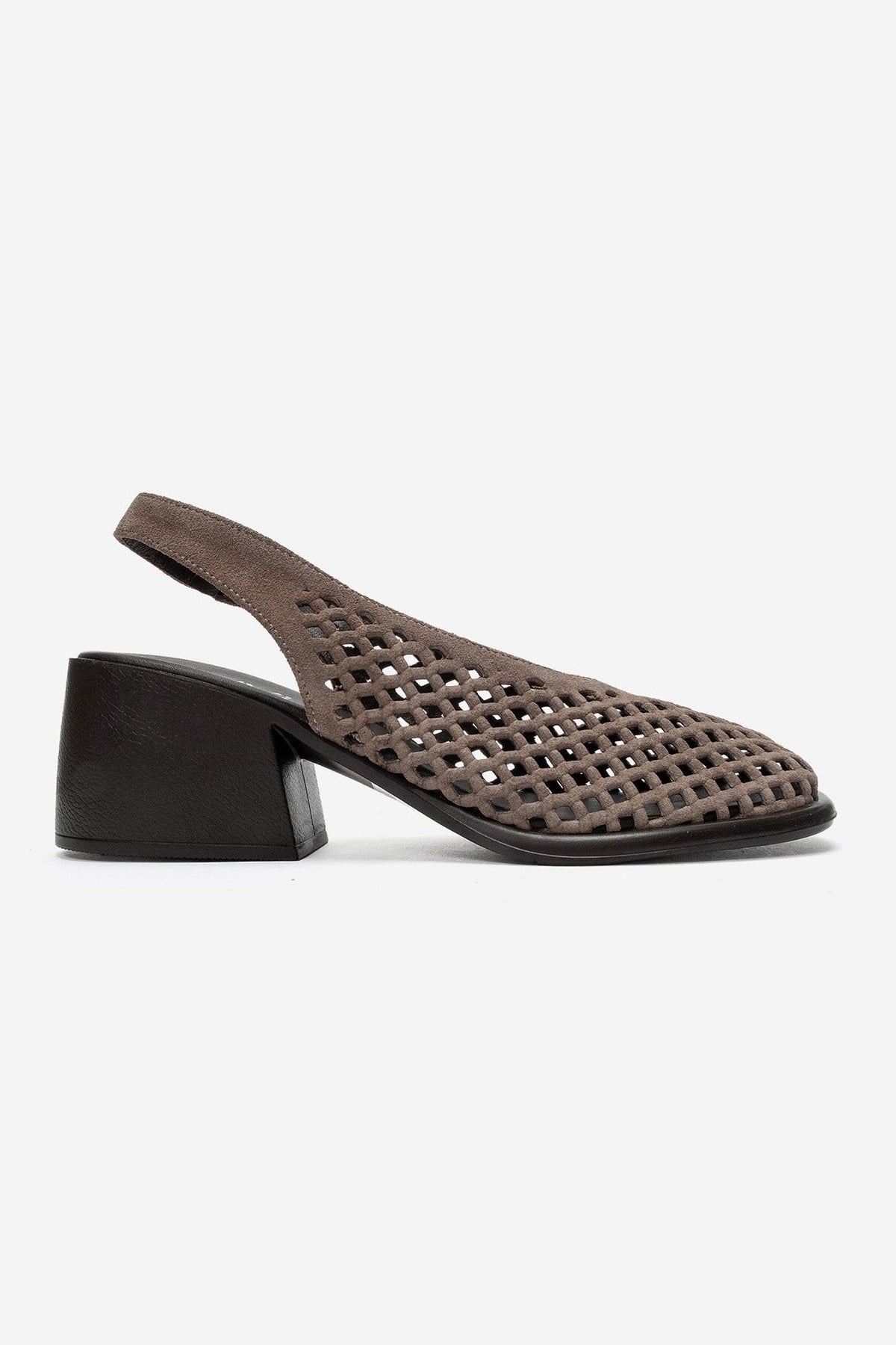 MONVERA - Taupe Genuine Suede Leather Closed-Toe Laser-Cut Block Heel – heel view showing leather, suede, Vowalisse