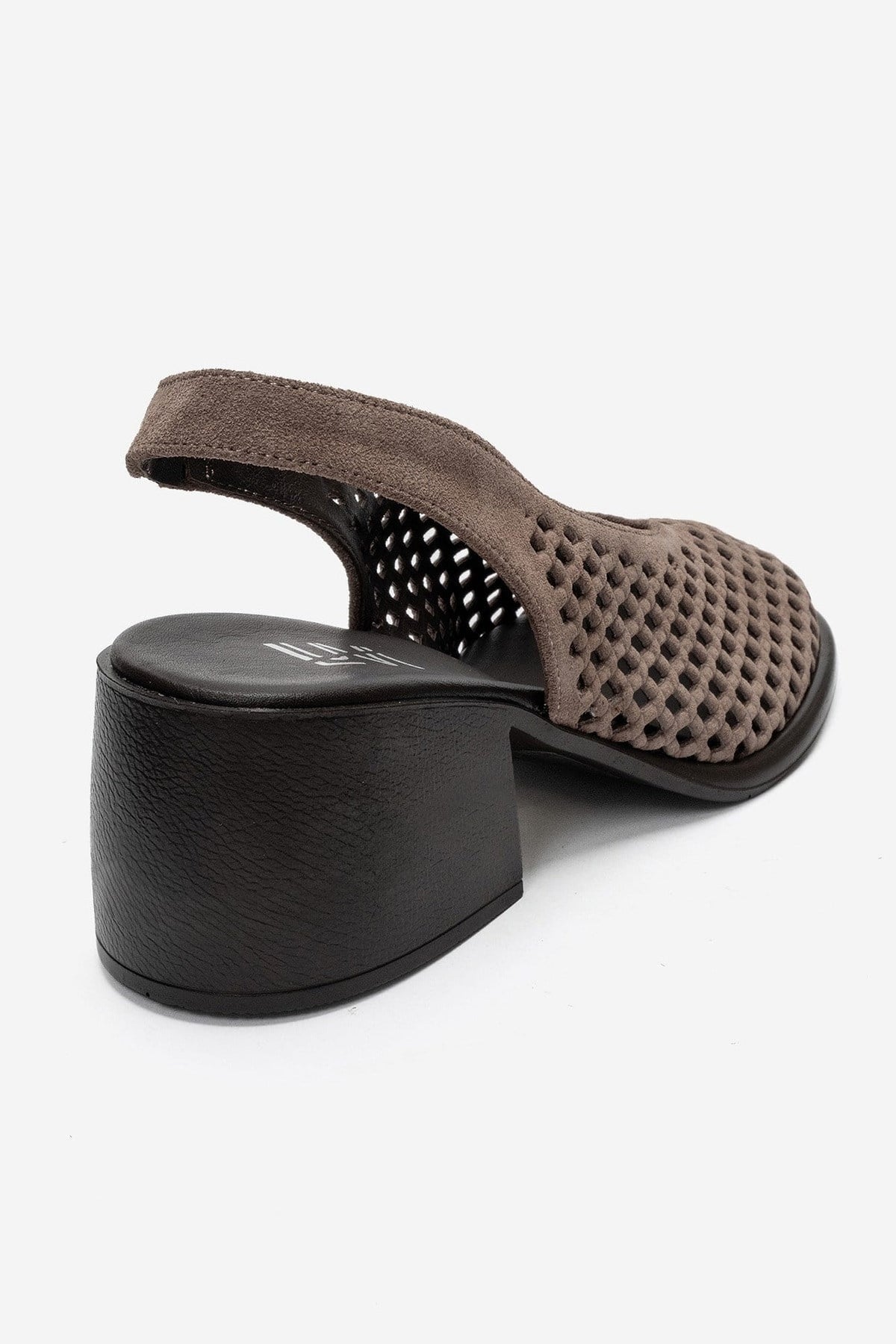 MONVERA - Taupe Genuine Suede Leather Closed-Toe Laser-Cut Block Heel – back view showing leather, suede, Vowalisse