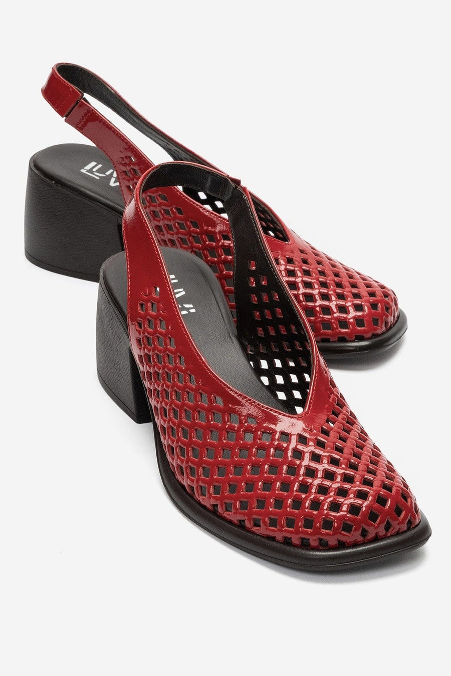 MONVERA - Red Genuine Leather Patent Closed-Toe Laser-Cut Block Heel S