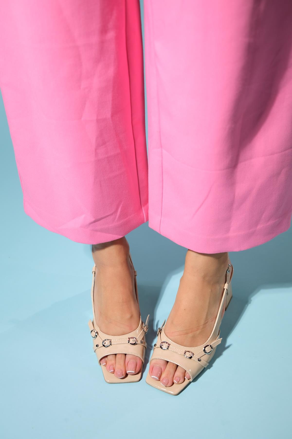 Pandia - Beige Buckle Block Heel Sandal – side view showing leather, Vowalisse