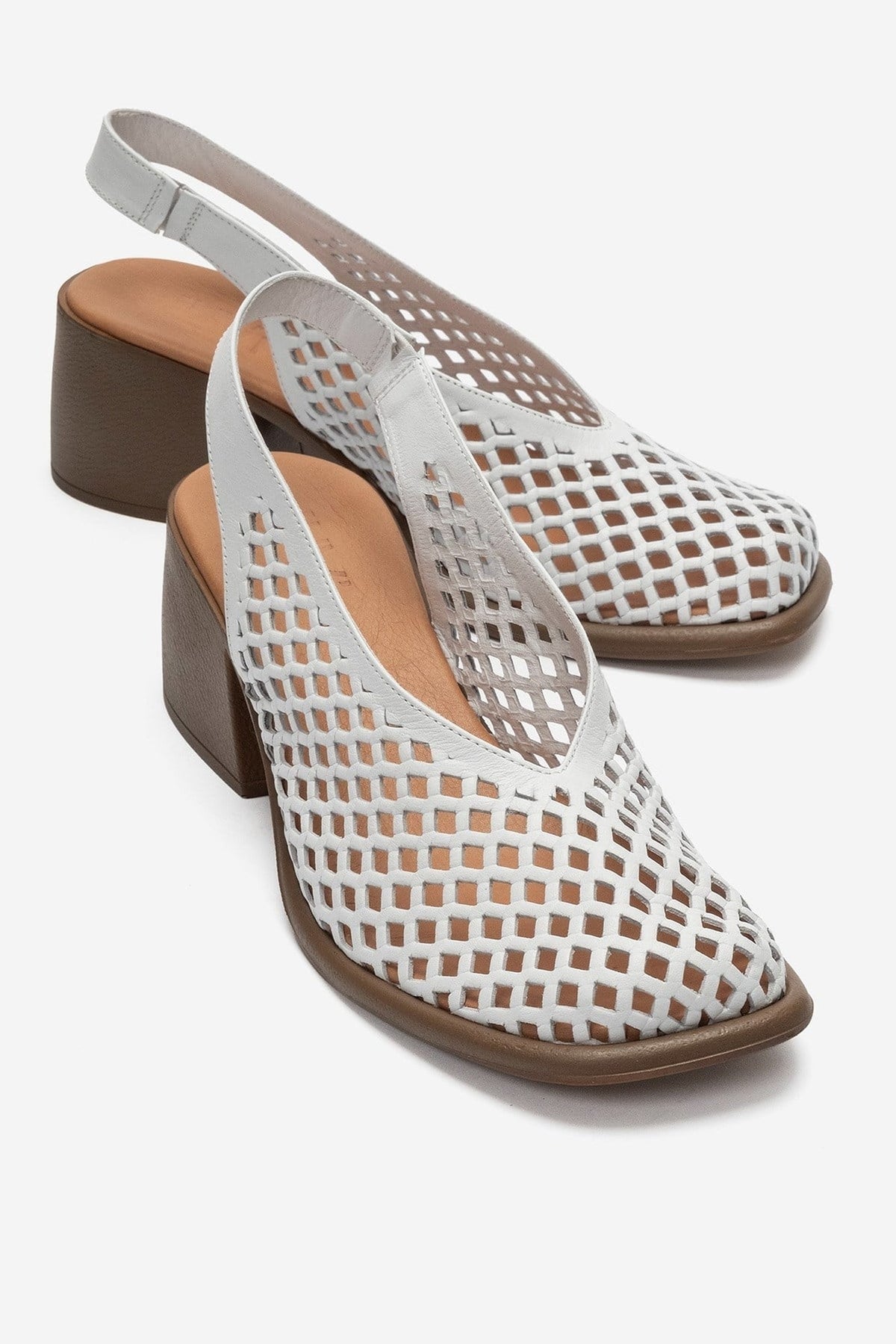 MONVERA - White Genuine Leather Closed-Toe Laser-Cut Block Heel Sandal – front three-quarter view showing leather, white…