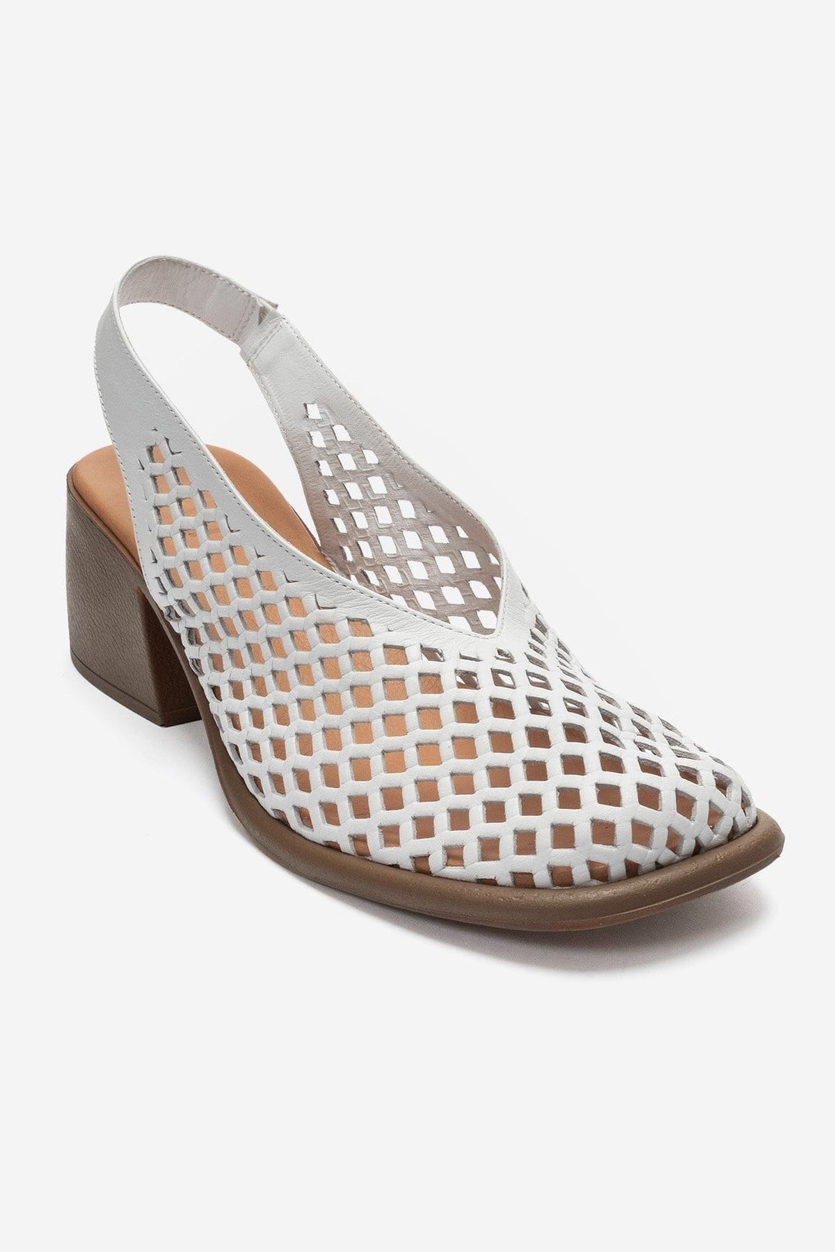 MONVERA - White Genuine Leather Closed-Toe Laser-Cut Block Heel Sandal – detail view showing leather, white, Vowalisse