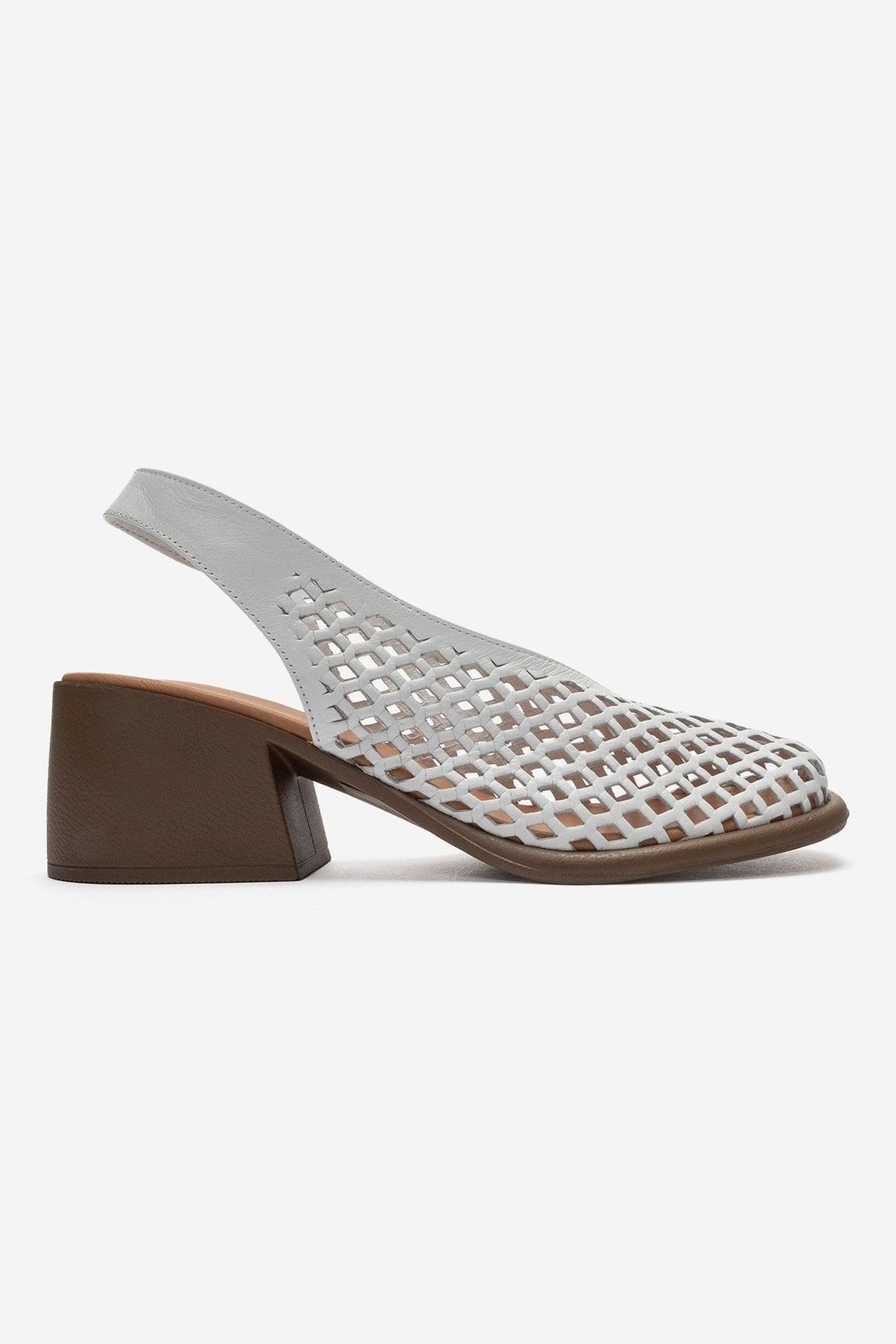MONVERA - White Genuine Leather Closed-Toe Laser-Cut Block Heel Sandal – heel view showing leather, white, Vowalisse