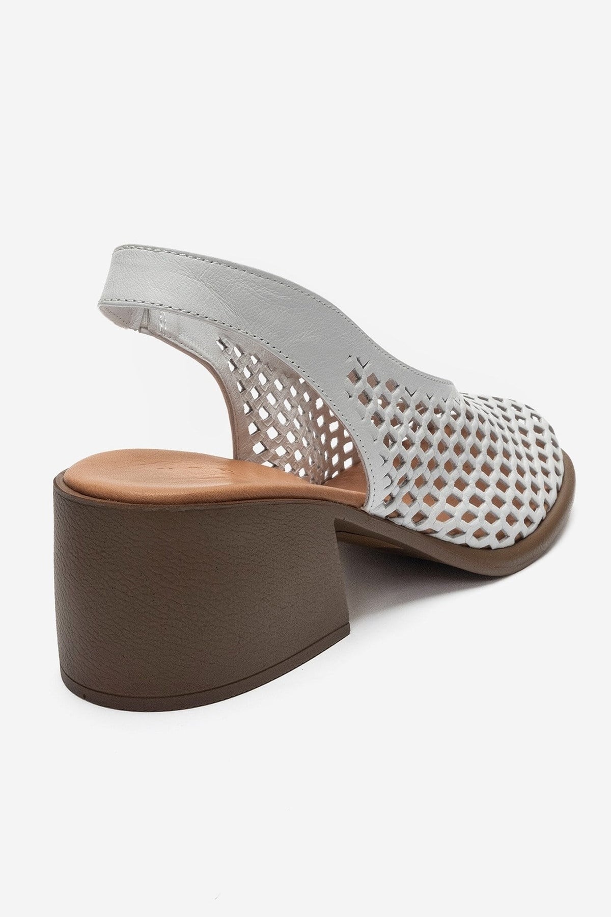MONVERA - White Genuine Leather Closed-Toe Laser-Cut Block Heel Sandal – back view showing leather, white, Vowalisse