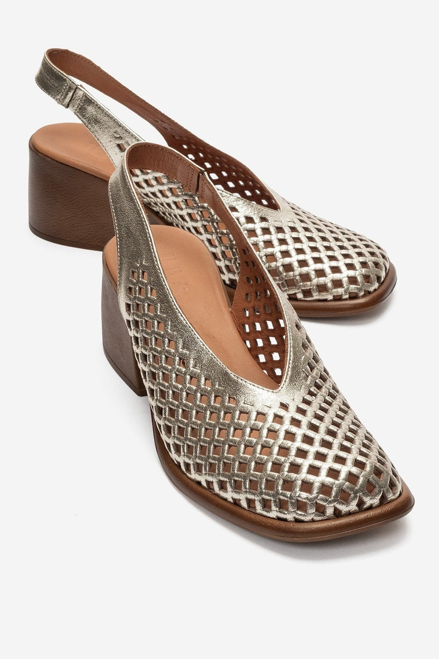 MONVERA - Gold Genuine Leather Closed-Toe Laser-Cut Block Heel Sandal