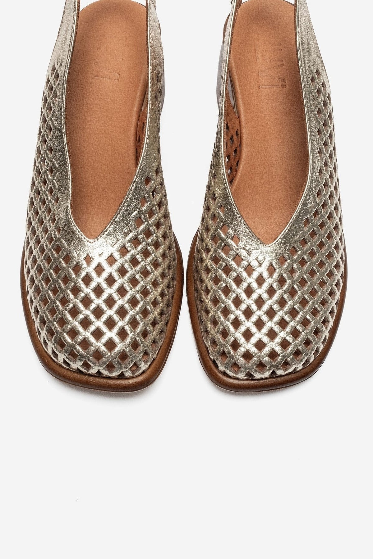 MONVERA - Gold Genuine Leather Closed-Toe Laser-Cut Block Heel Sandal – side view showing leather, gold, Vowalisse