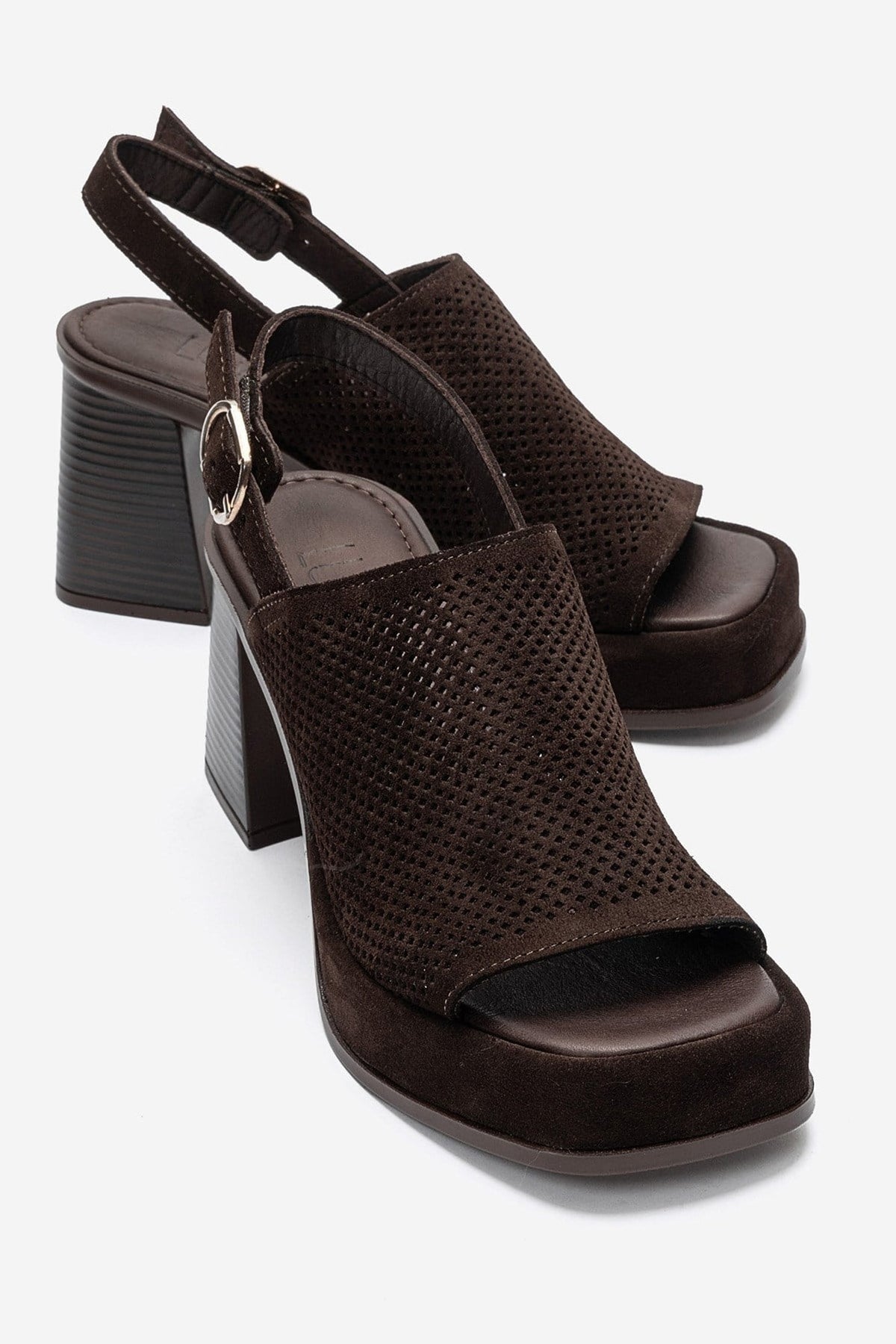 PENVIA - Brown Genuine Leather Platform Block Heel Sandal – front three-quarter view showing leather, suede, Vowalisse