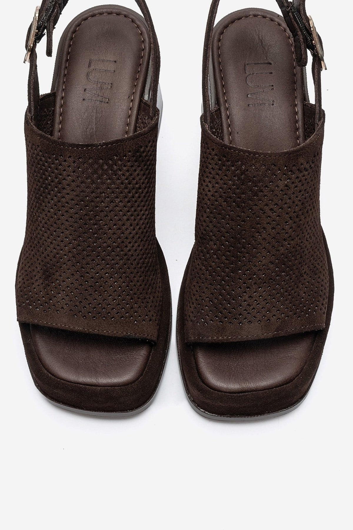 PENVIA - Brown Genuine Leather Platform Block Heel Sandal – side view showing leather, suede, Vowalisse