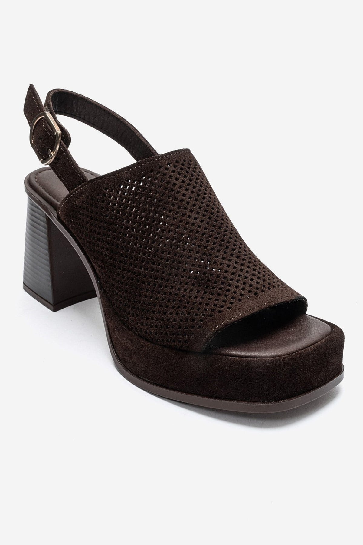PENVIA - Brown Genuine Leather Platform Block Heel Sandal – detail view showing leather, suede, Vowalisse