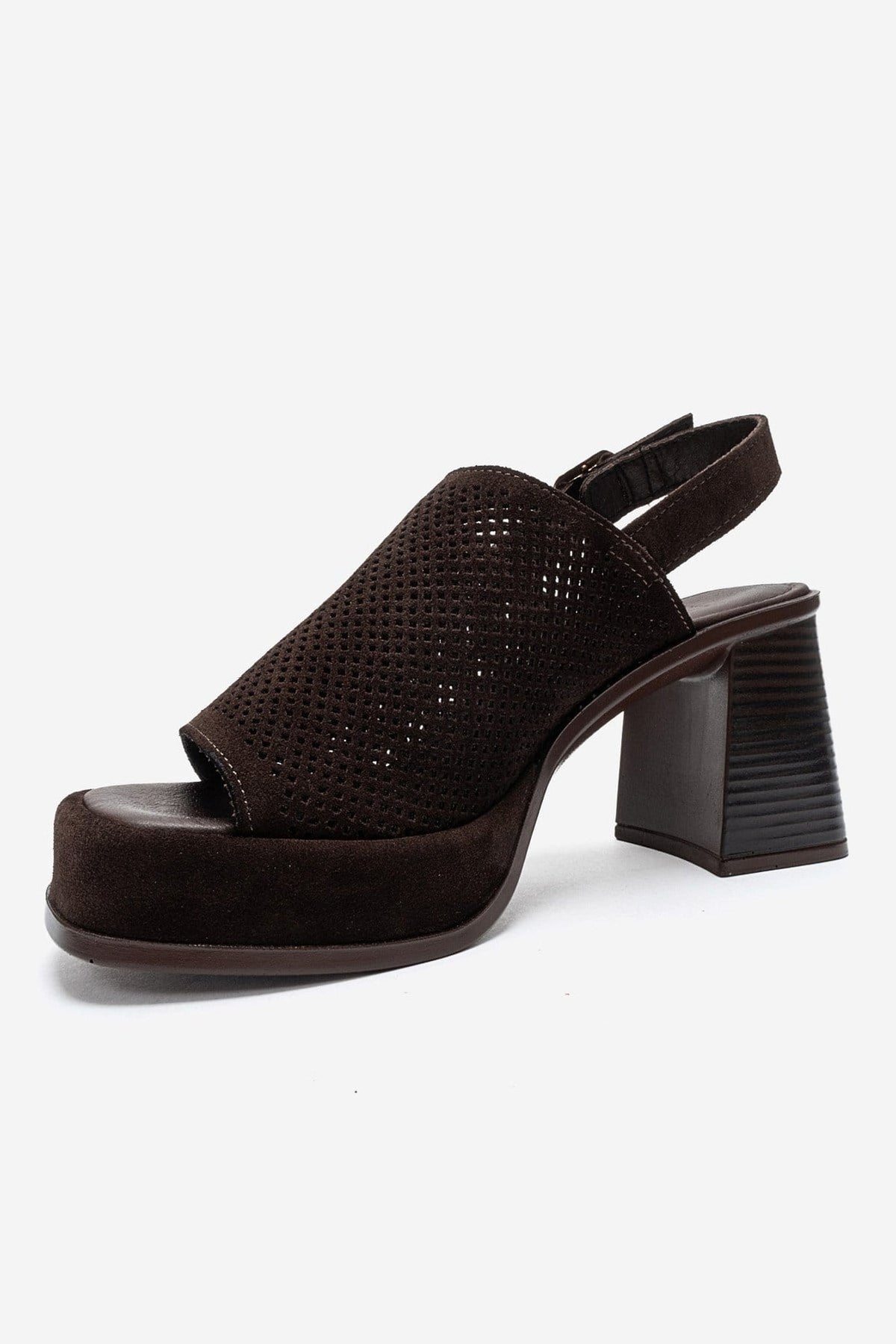 PENVIA - Brown Genuine Leather Platform Block Heel Sandal – top view showing leather, suede, Vowalisse