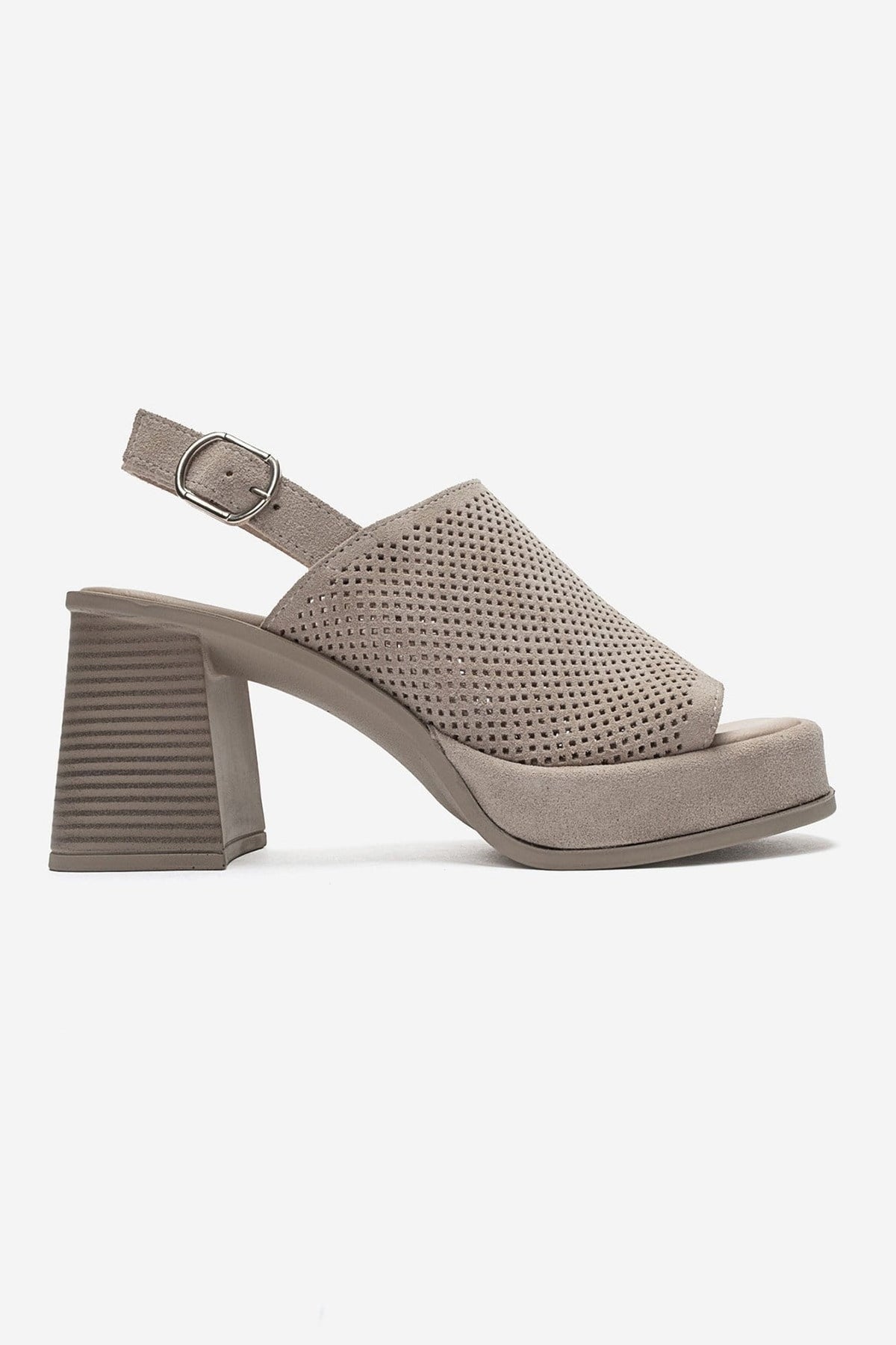 PENVIA - Beige Genuine Leather Platform Block Heel Sandal – heel view showing leather, suede, Vowalisse