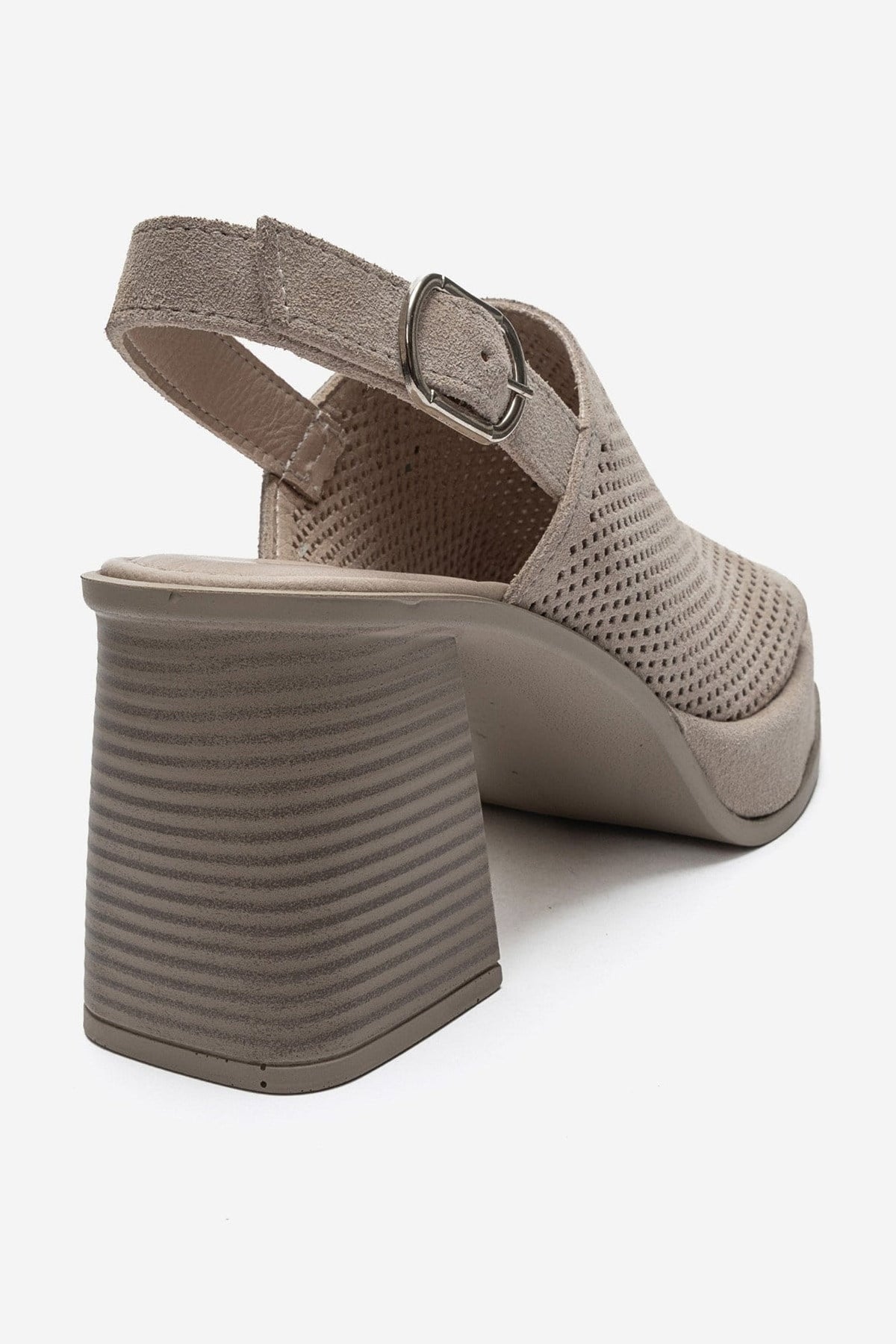 PENVIA - Beige Genuine Leather Platform Block Heel Sandal – back view showing leather, suede, Vowalisse