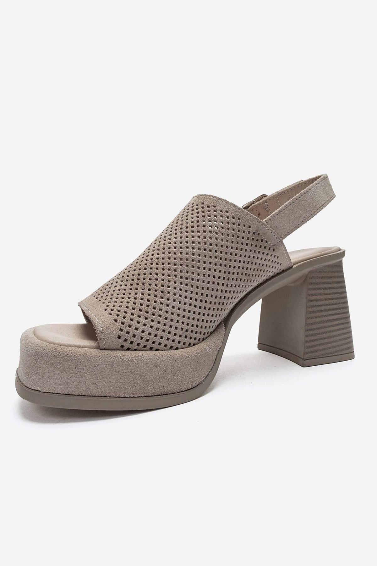 PENVIA - Beige Genuine Leather Platform Block Heel Sandal – top view showing leather, suede, Vowalisse