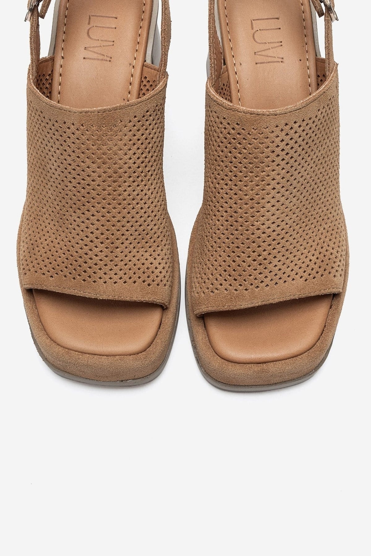PENVIA - Cognac Genuine Leather Platform Block Heel Sandal – side view showing leather, suede, Vowalisse
