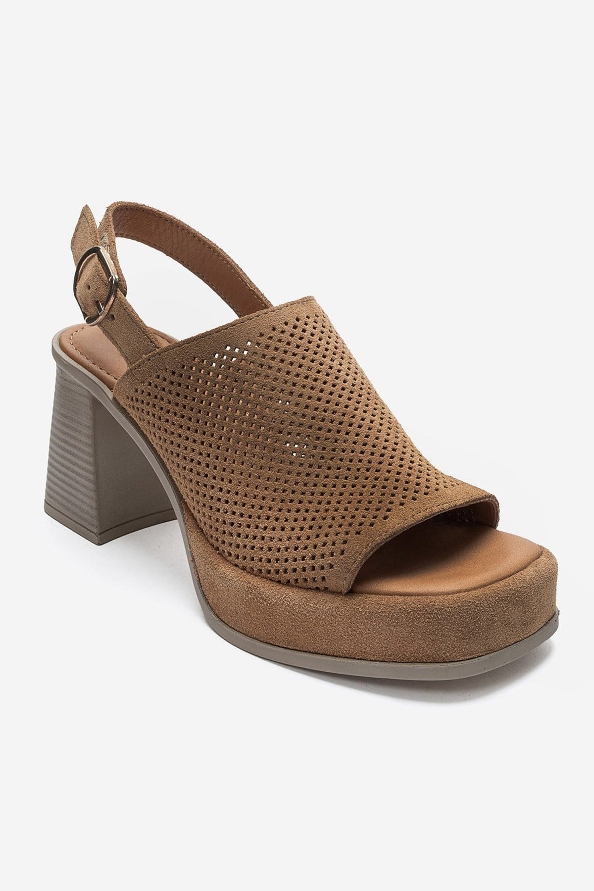 PENVIA - Cognac Genuine Leather Platform Block Heel Sandal – detail view showing leather, suede, Vowalisse