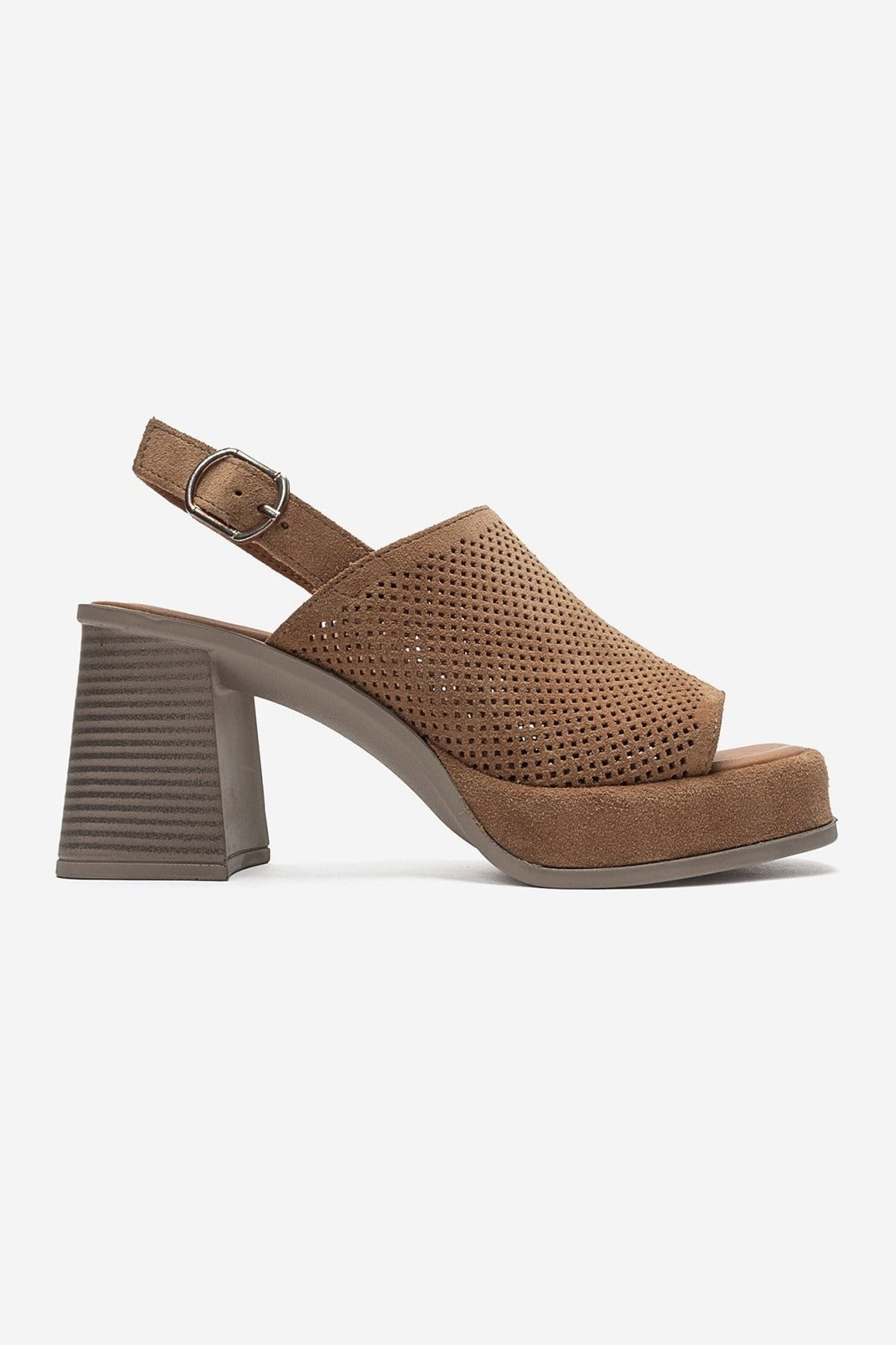 PENVIA - Cognac Genuine Leather Platform Block Heel Sandal – heel view showing leather, suede, Vowalisse
