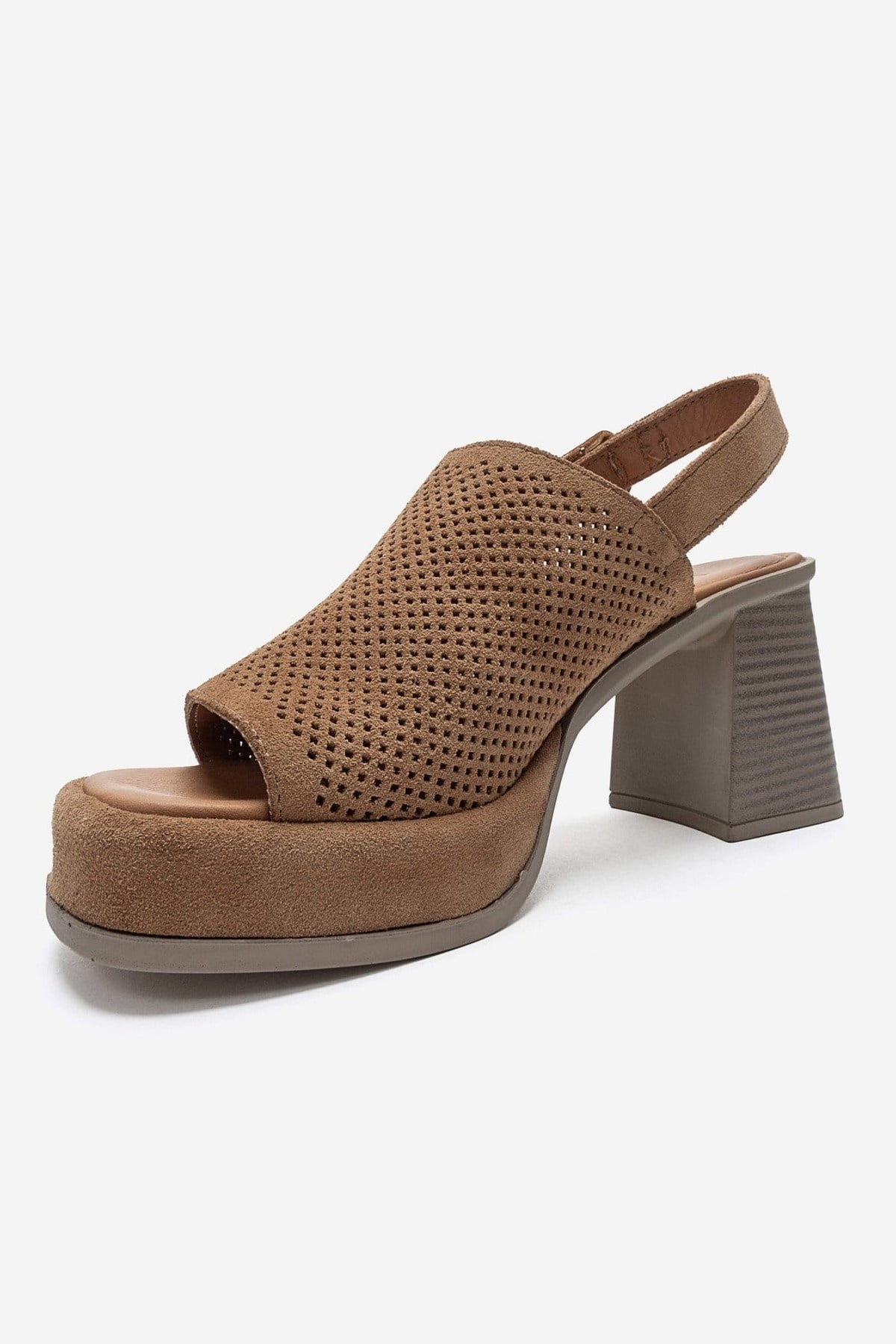 PENVIA - Cognac Genuine Leather Platform Block Heel Sandal – top view showing leather, suede, Vowalisse
